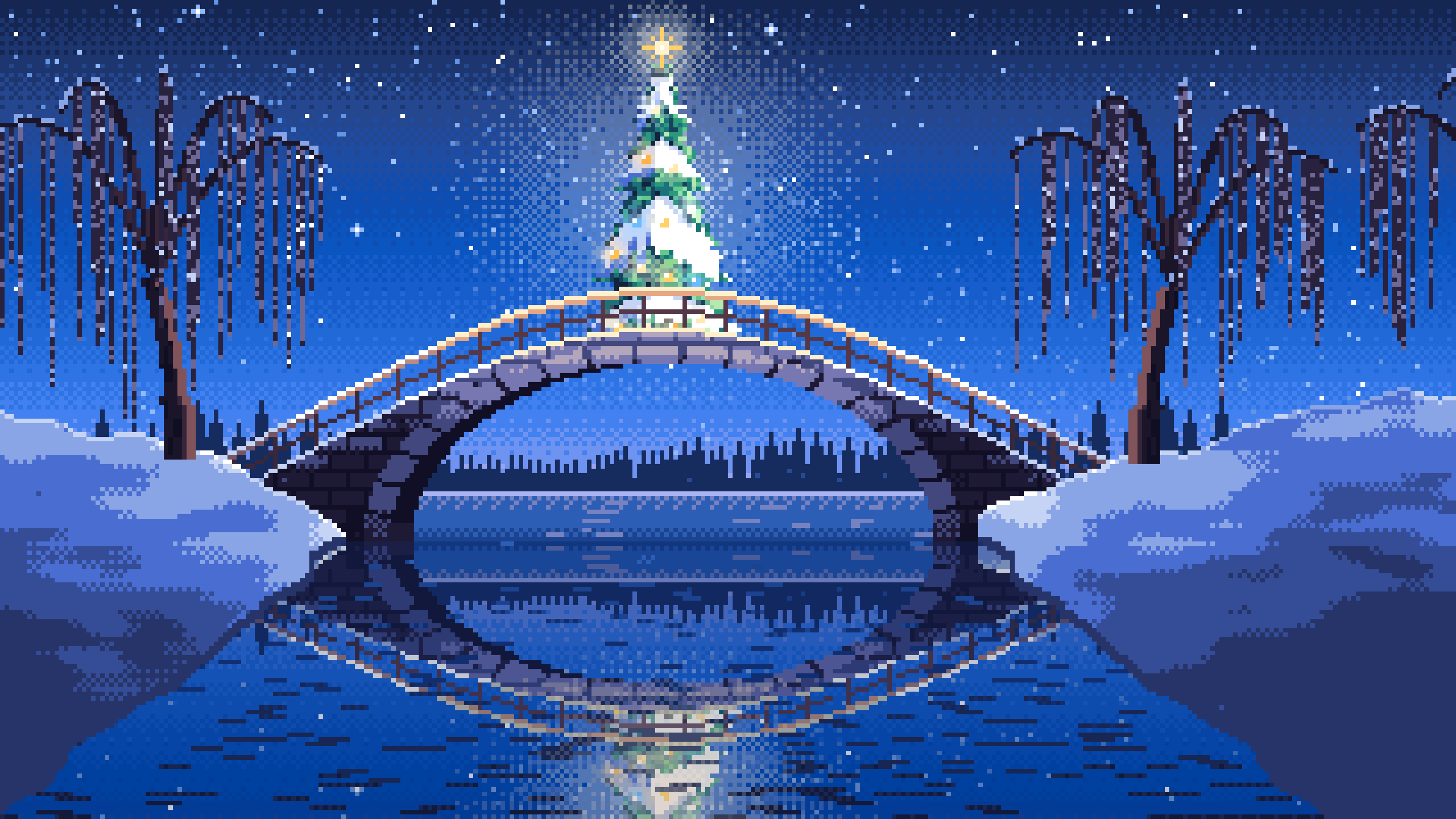 Blue Pixel Art Christmas Tree on a Stone Footbridge desktop wallpaper in 4K