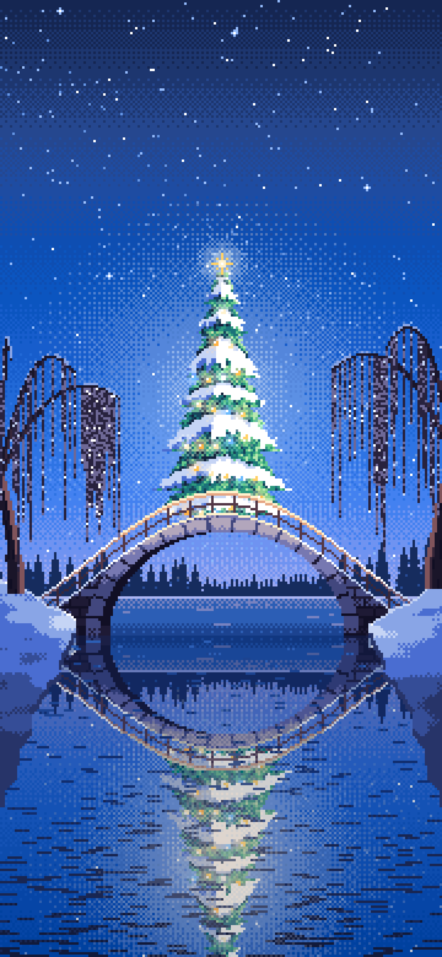 Blue Pixel Art Christmas Tree on a Stone Footbridge wallpaper for iPhone and Android