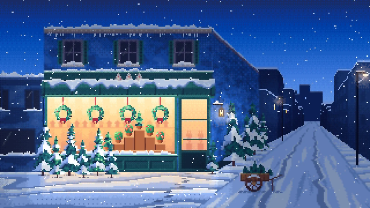 Blue Pixel Art Christmas Tree Shop desktop wallpaper in 4K