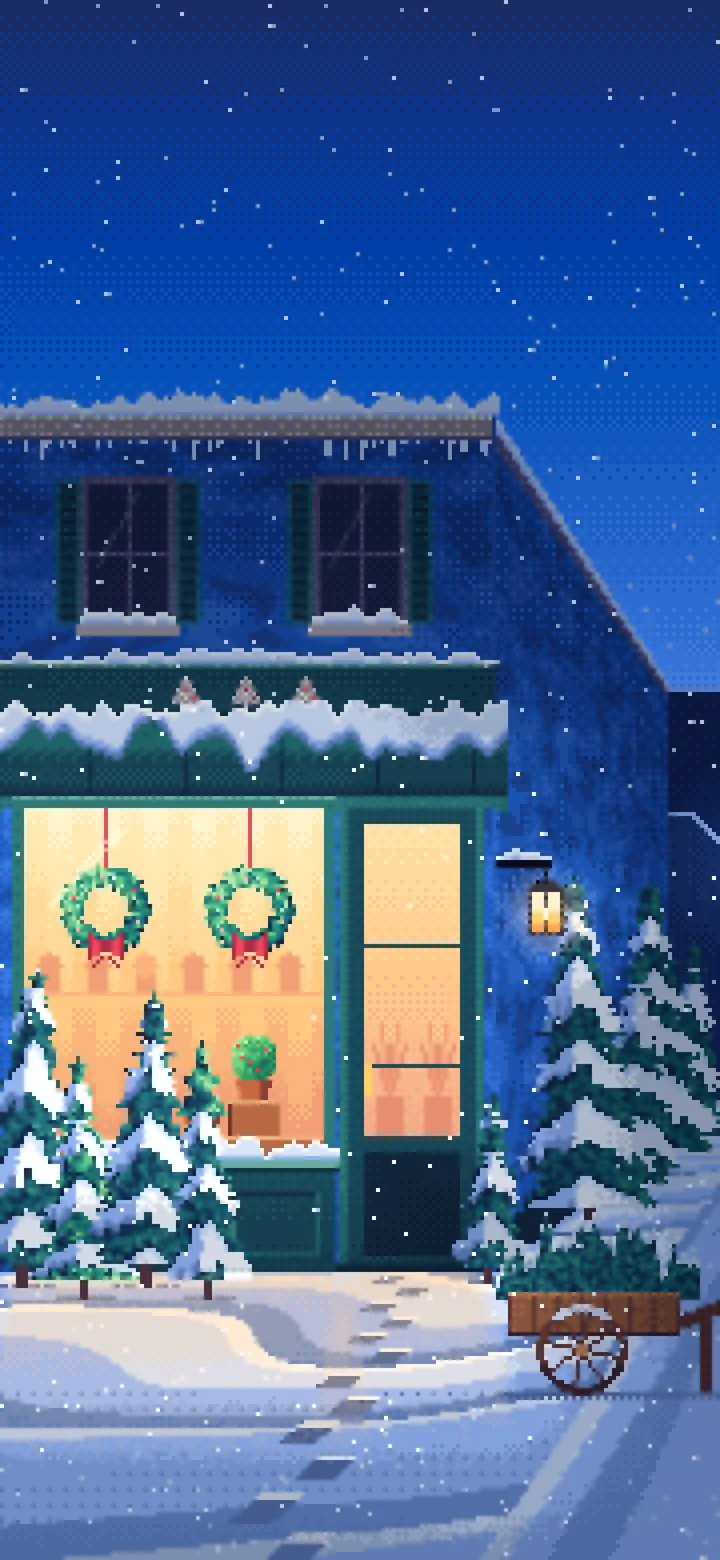 Blue Pixel Art Christmas Tree Shop wallpaper for iPhone and Android