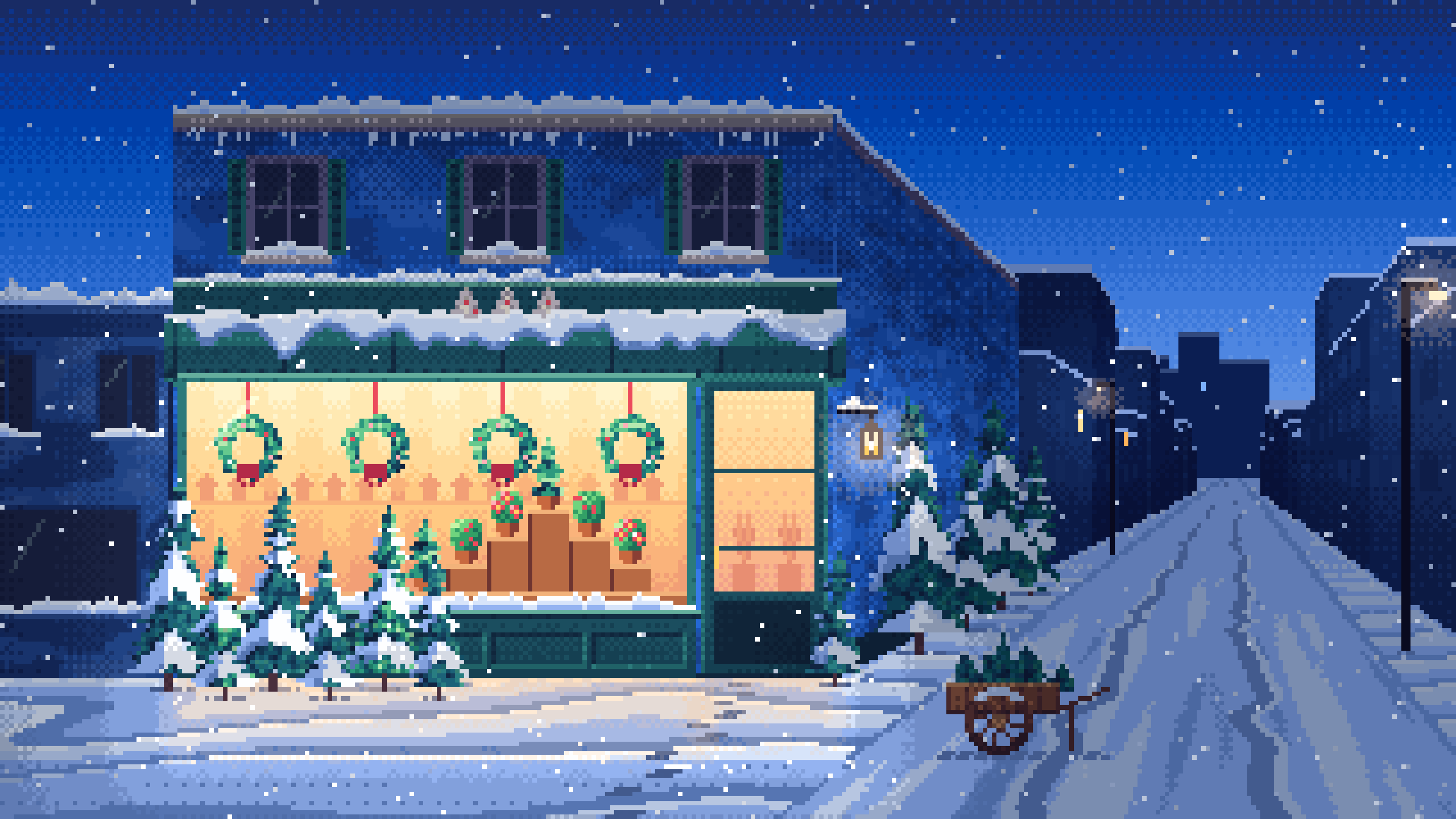 Blue Pixel Art Christmas Tree Shop desktop wallpaper in 4K