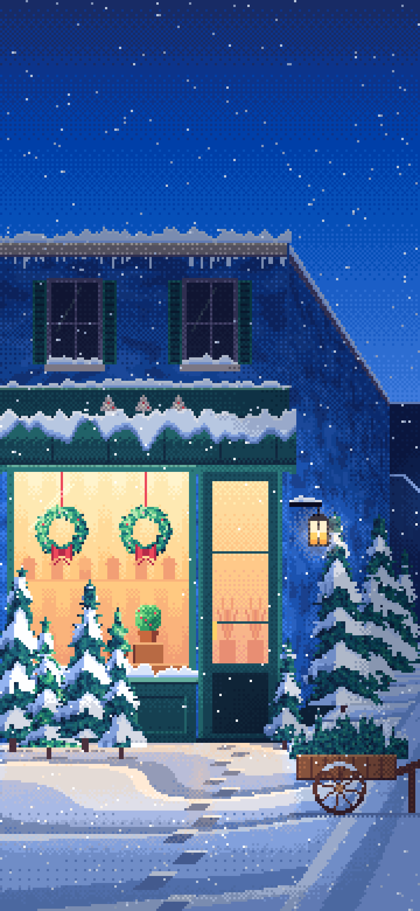 Blue Pixel Art Christmas Tree Shop wallpaper for iPhone and Android