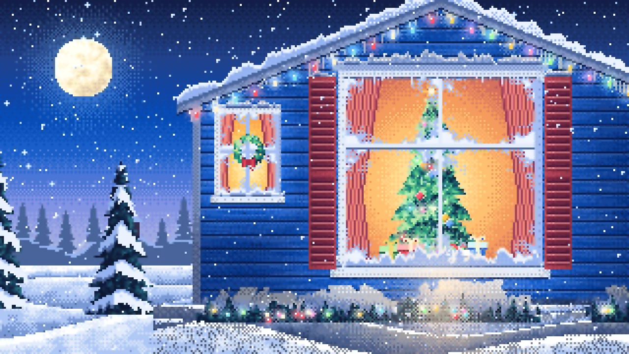 Blue Pixel Art Christmas Tree Through a Frosted Window desktop wallpaper in 4K