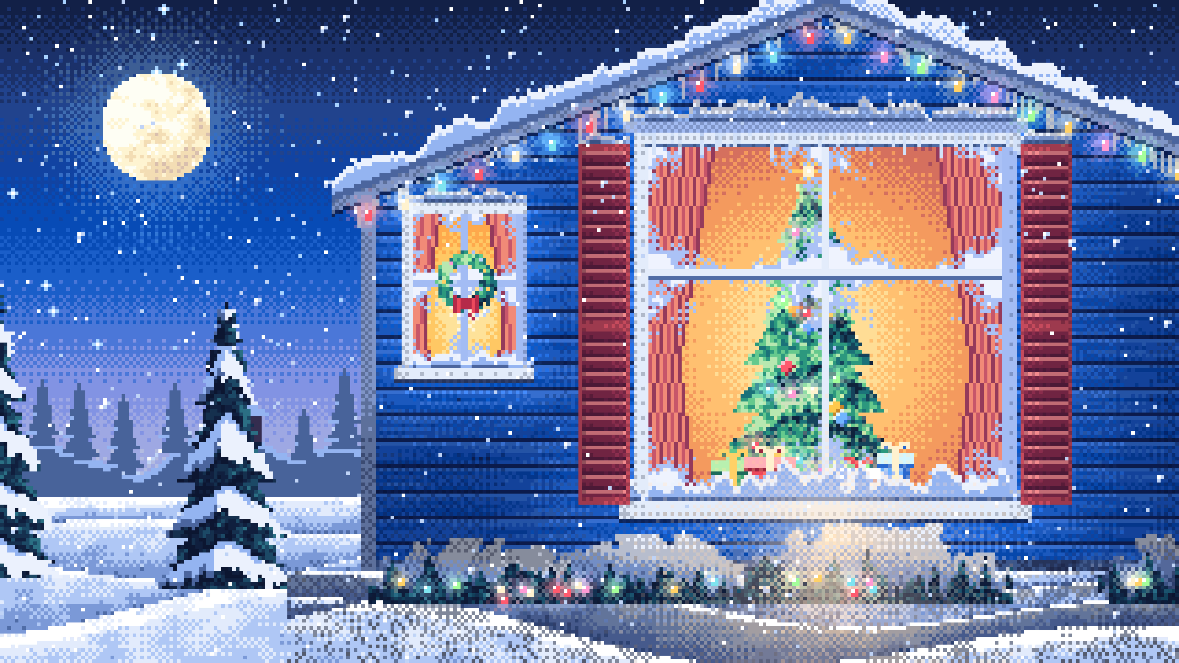 Blue Pixel Art Christmas Tree Through a Frosted Window desktop wallpaper in 4K