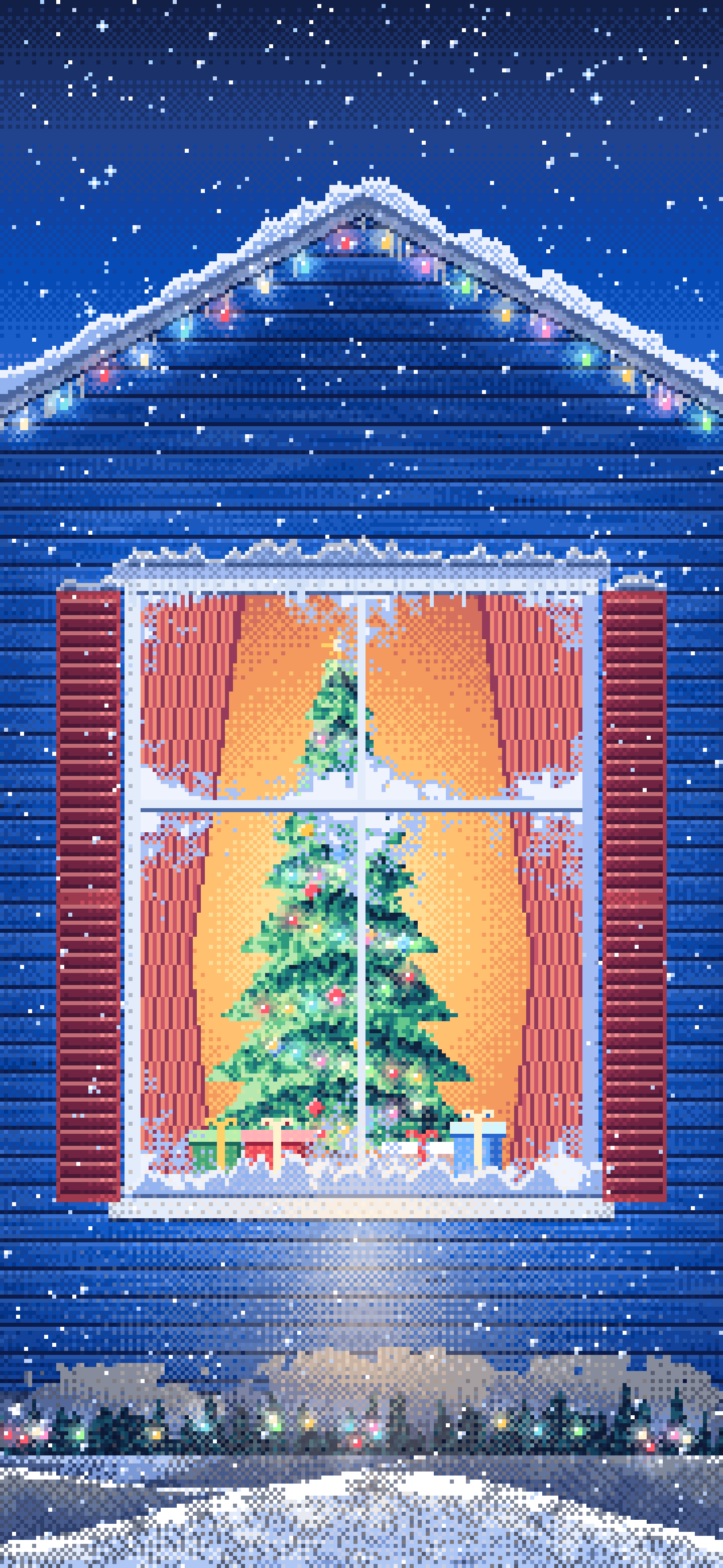Blue Pixel Art Christmas Tree Through a Frosted Window wallpaper for iPhone and Android