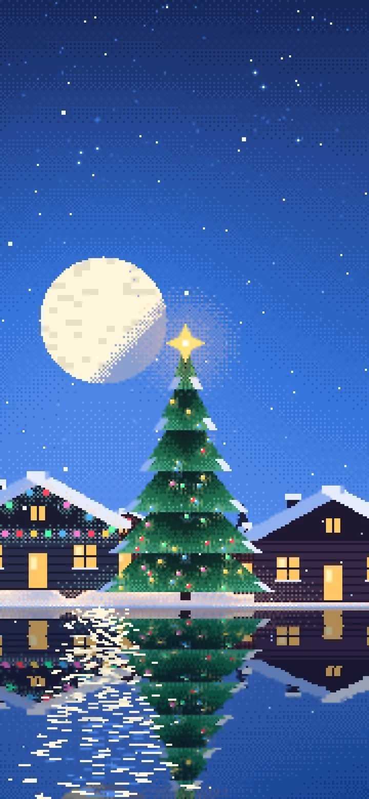 Blue Pixel Art Christmas Village wallpaper for iPhone and Android