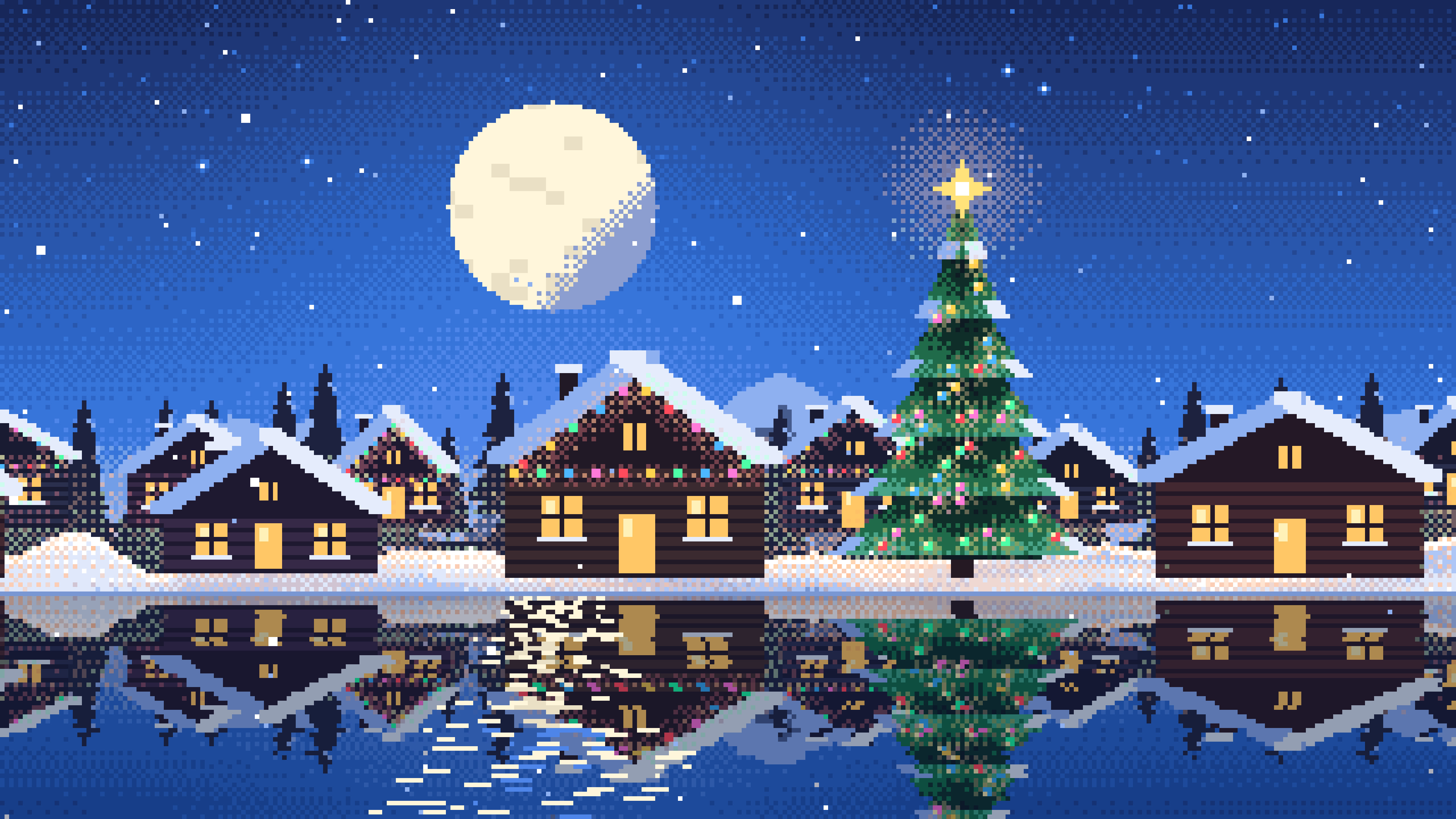 Blue Pixel Art Christmas Village desktop wallpaper in 4K