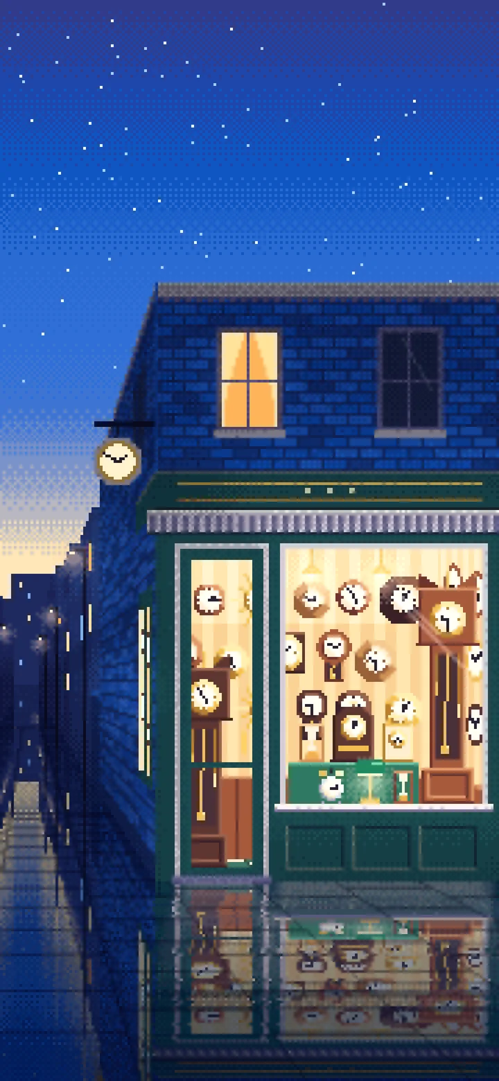 Blue Pixel Art Clock Shop wallpaper for iPhone and Android