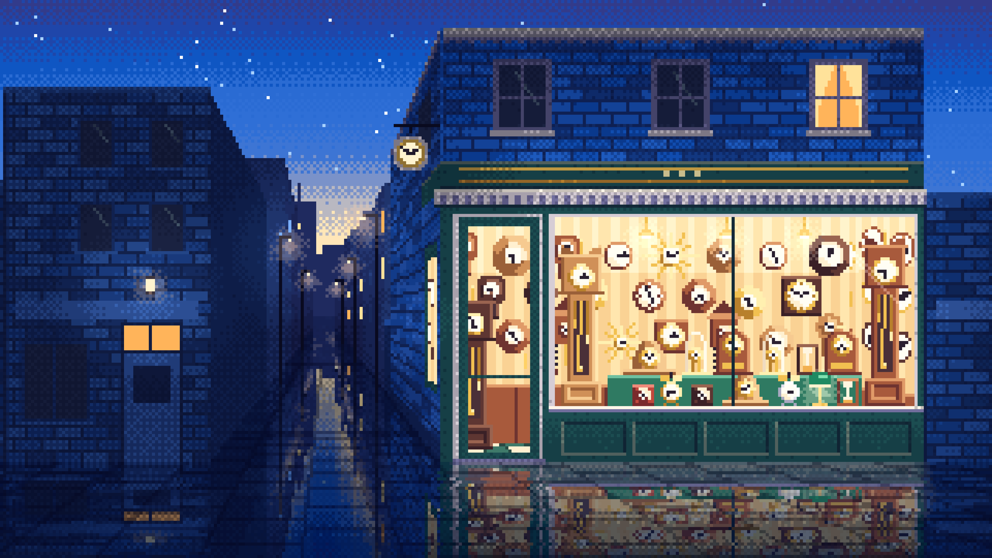 Blue Pixel Art Clock Shop desktop wallpaper in 4K