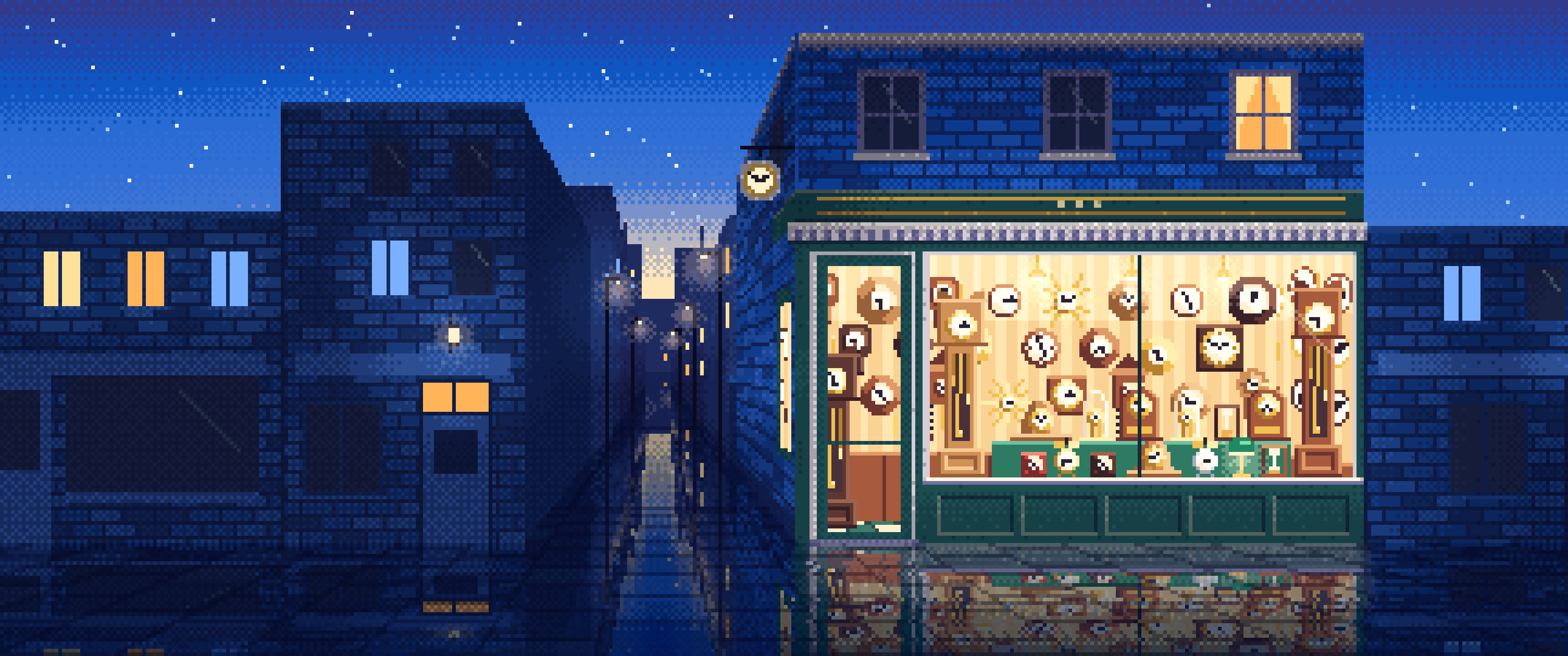 Blue Pixel Art Clock Shop ultrawide wallpaper, 3440 × 1440