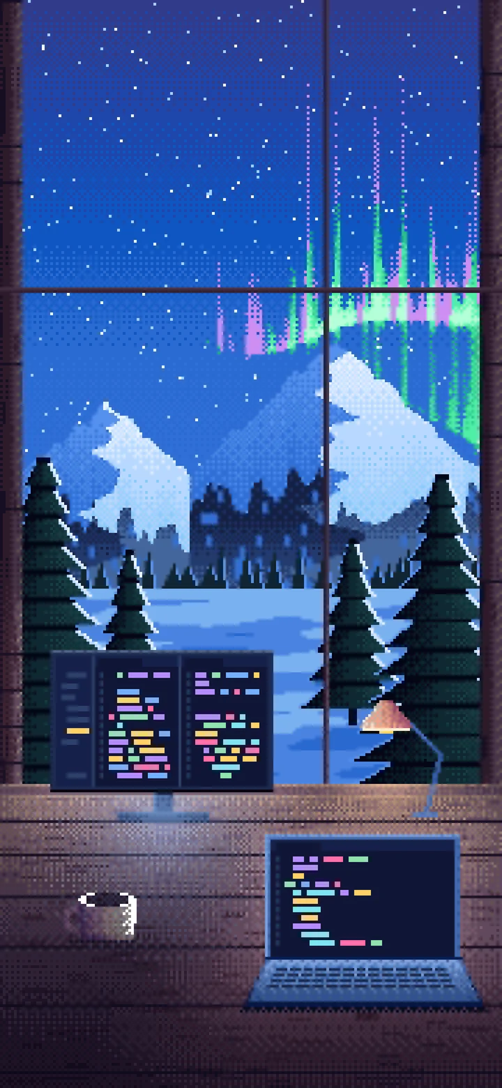 Blue Pixel Art Coding Desk in a Snowy Cabin wallpaper for iPhone and Android