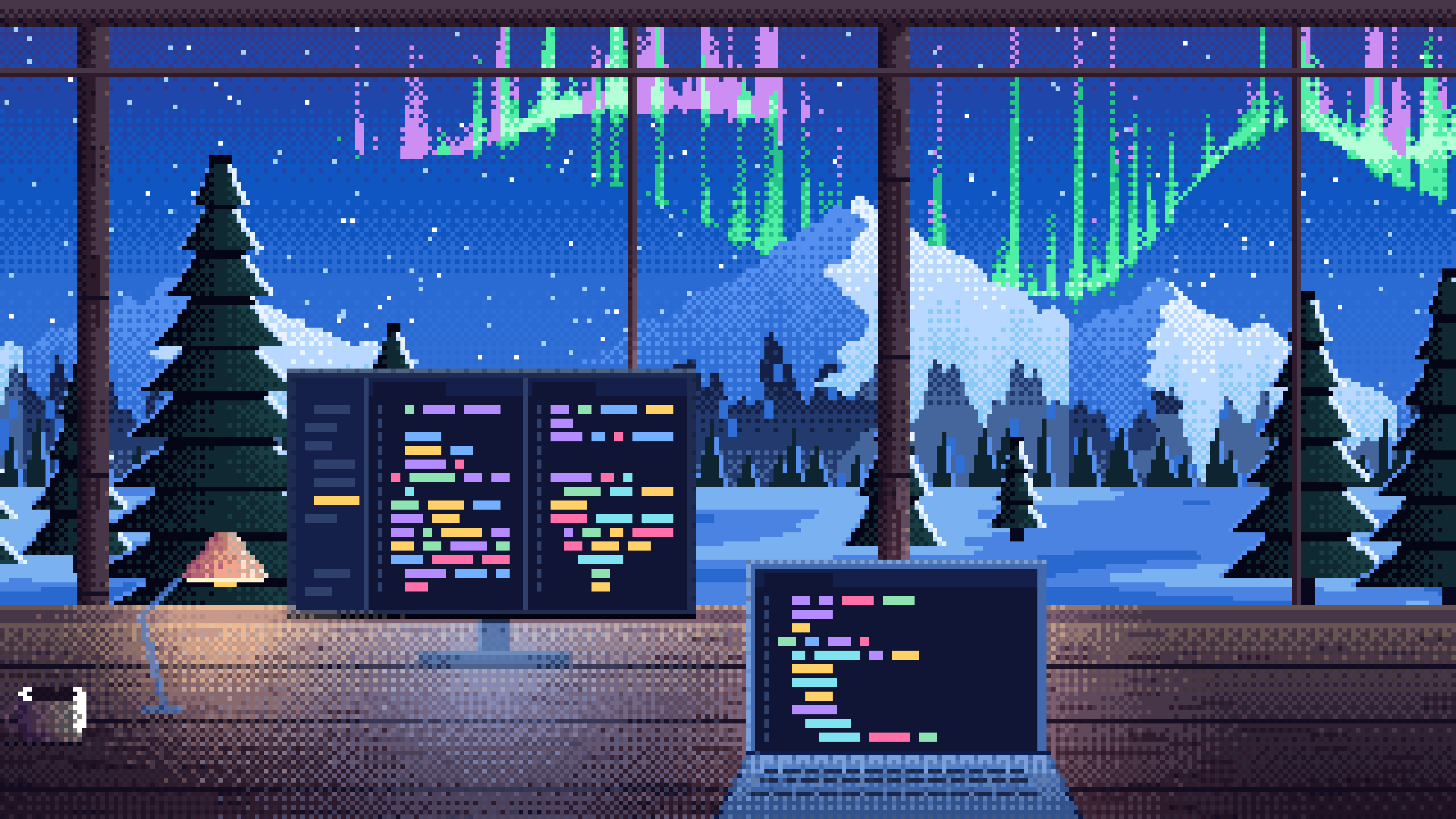 Blue Pixel Art Coding Desk in a Snowy Cabin desktop wallpaper in 4K