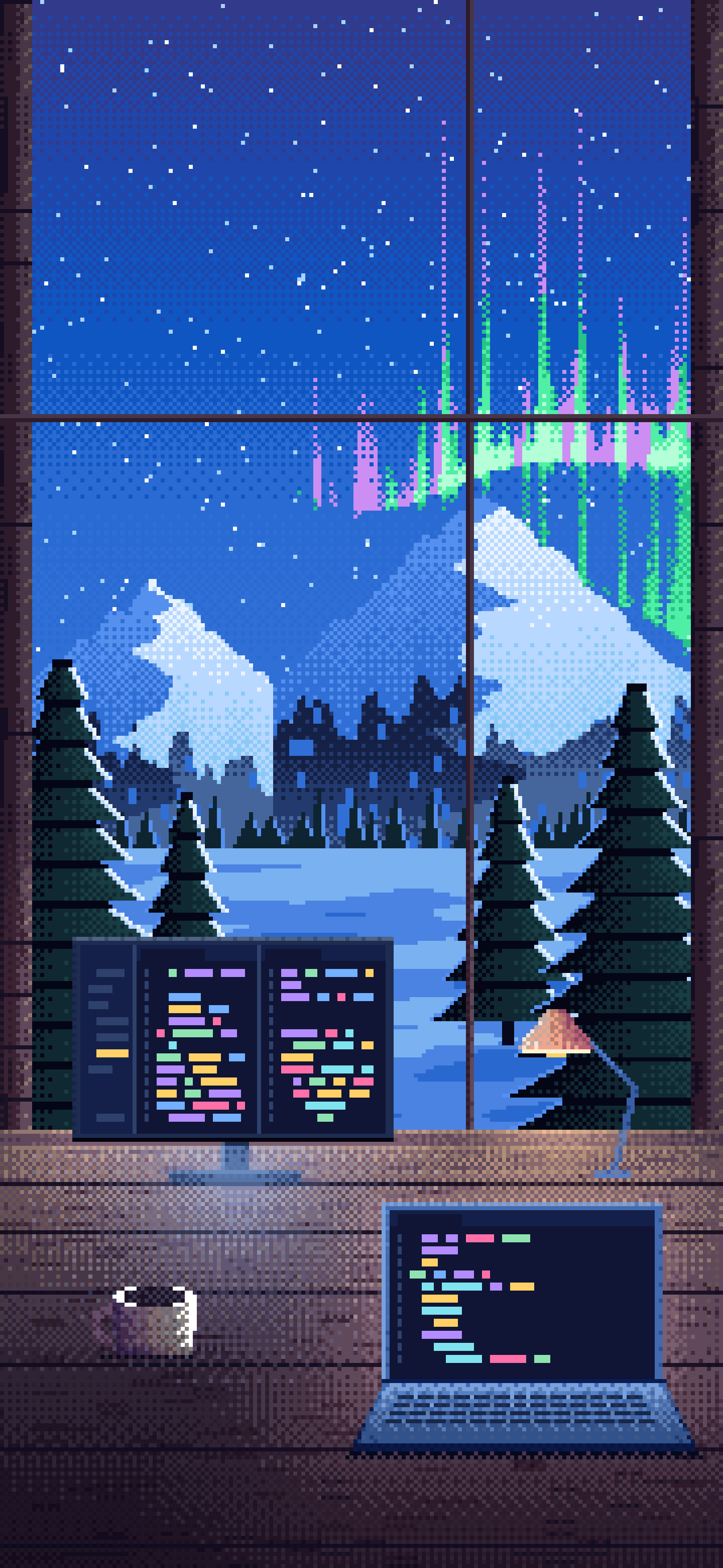 Blue Pixel Art Coding Desk in a Snowy Cabin wallpaper for iPhone and Android