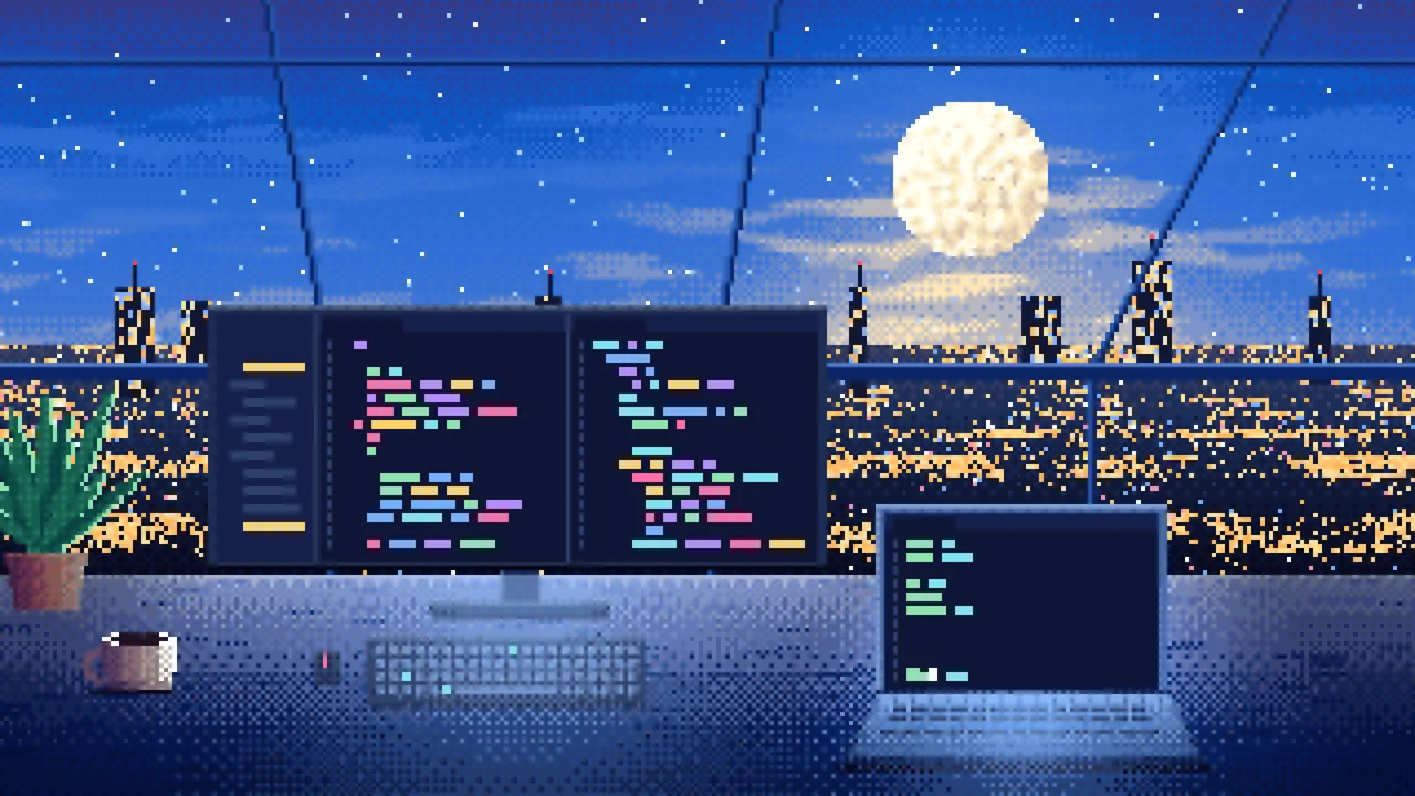 Blue Pixel Art Coding Desk Under a Skylight desktop wallpaper in 4K