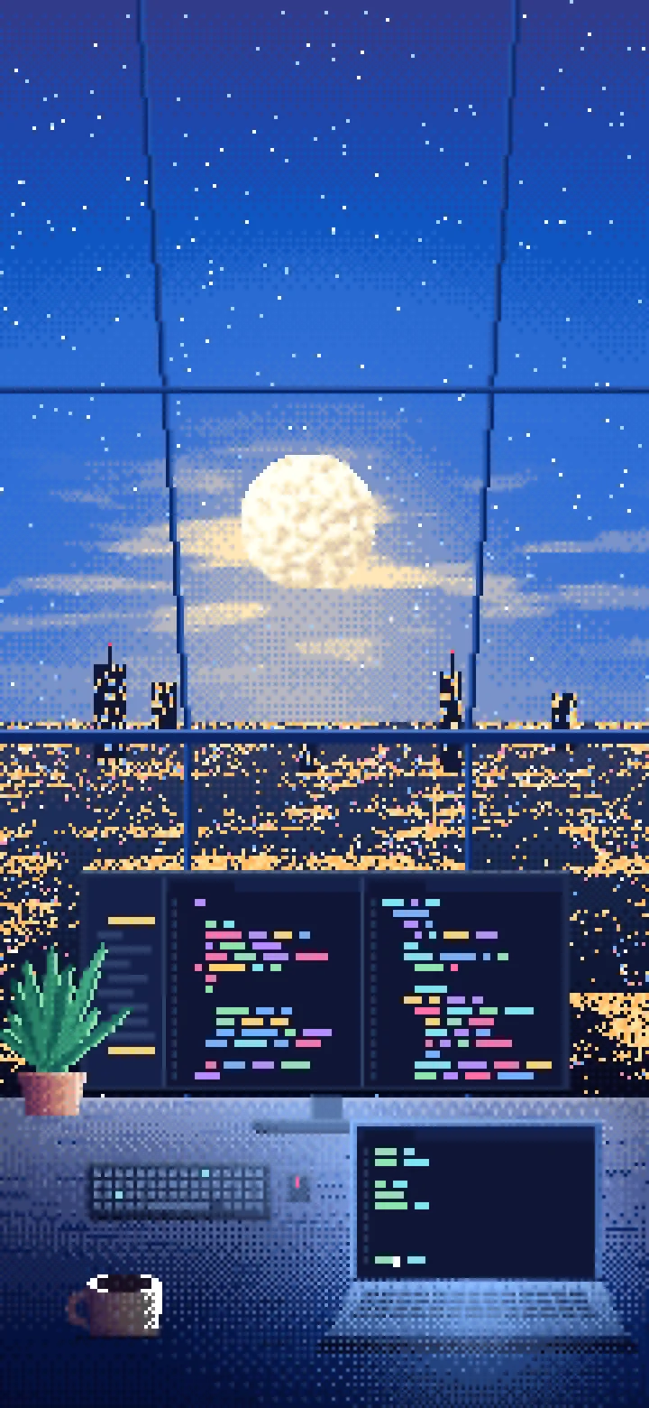 Blue Pixel Art Coding Desk Under a Skylight wallpaper for iPhone and Android