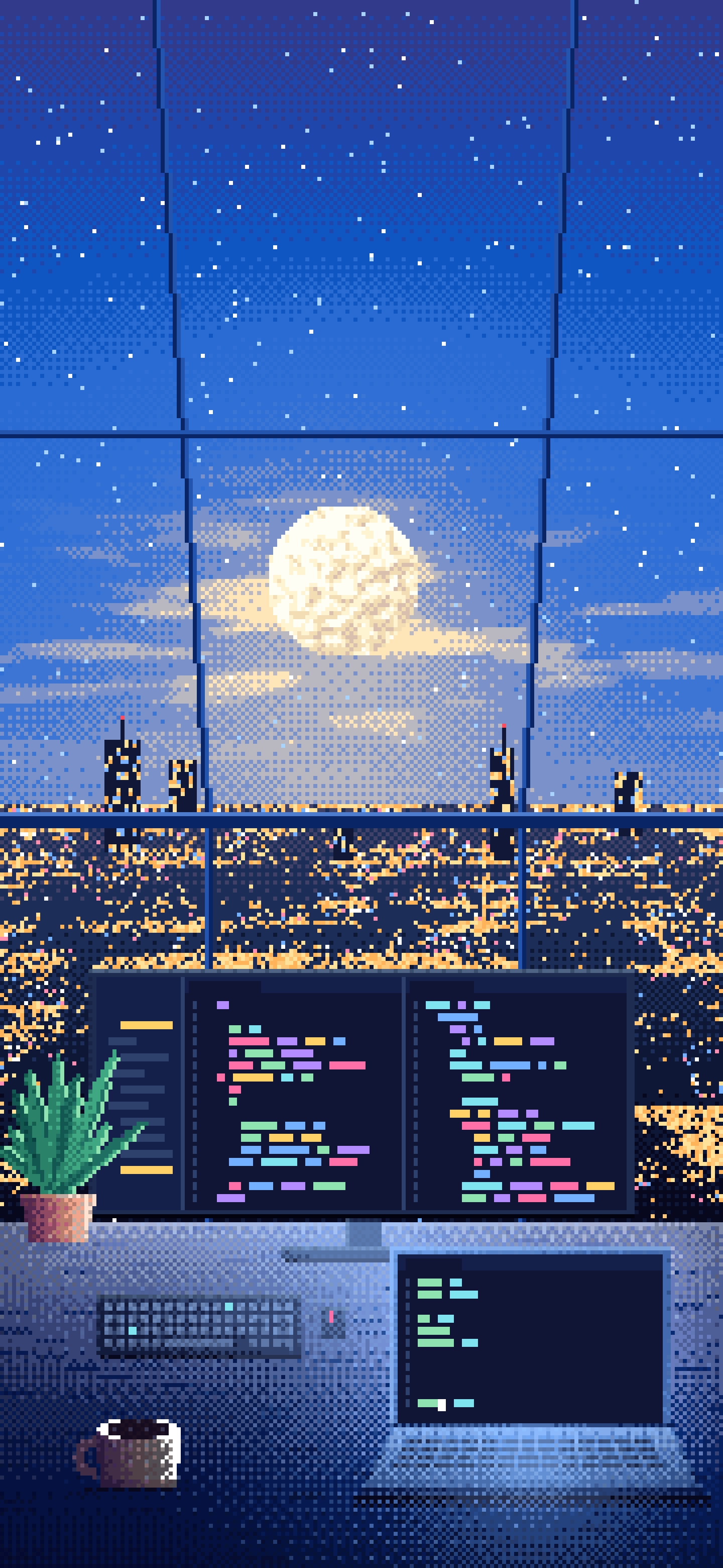 Blue Pixel Art Coding Desk Under a Skylight wallpaper for iPhone and Android