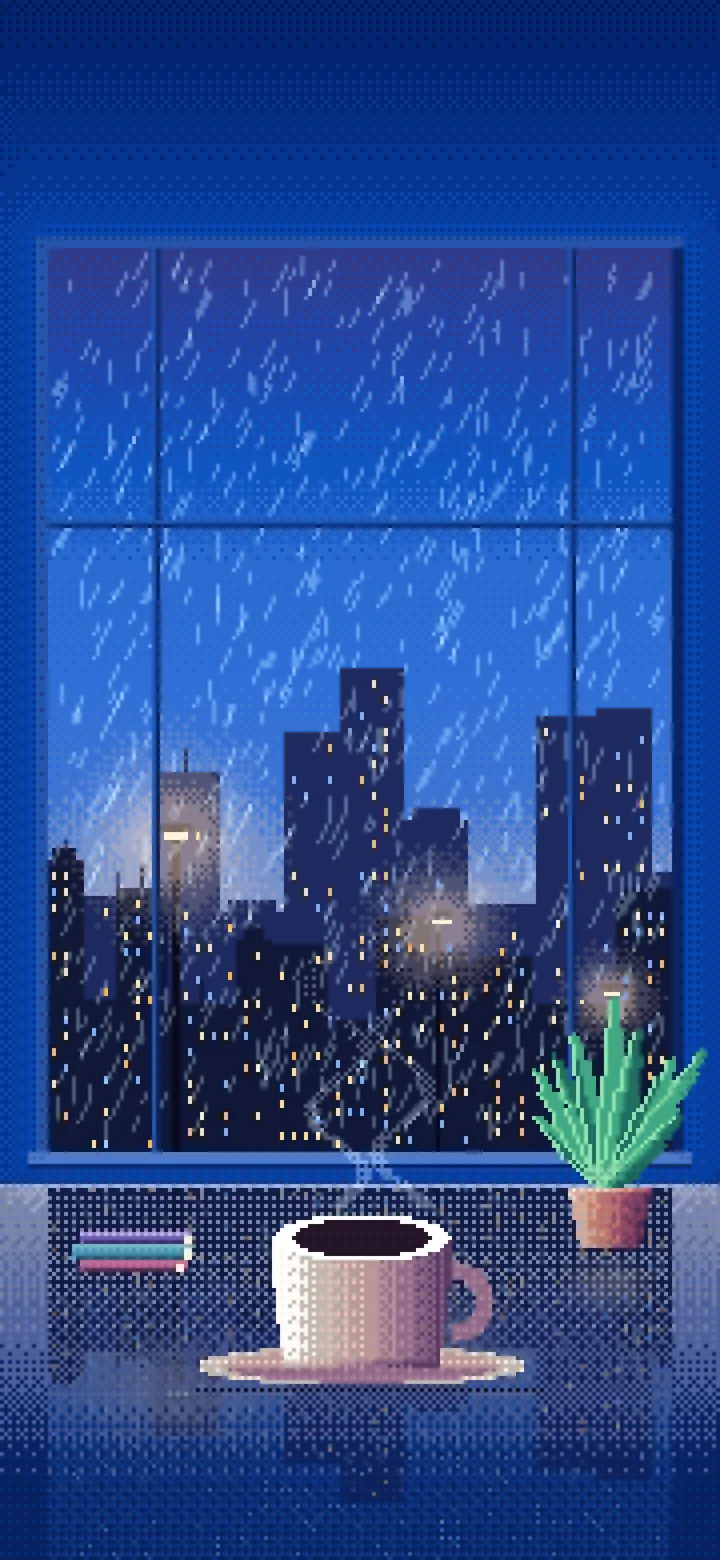 Blue Pixel Art Coffee by a Rainy Window wallpaper for iPhone and Android