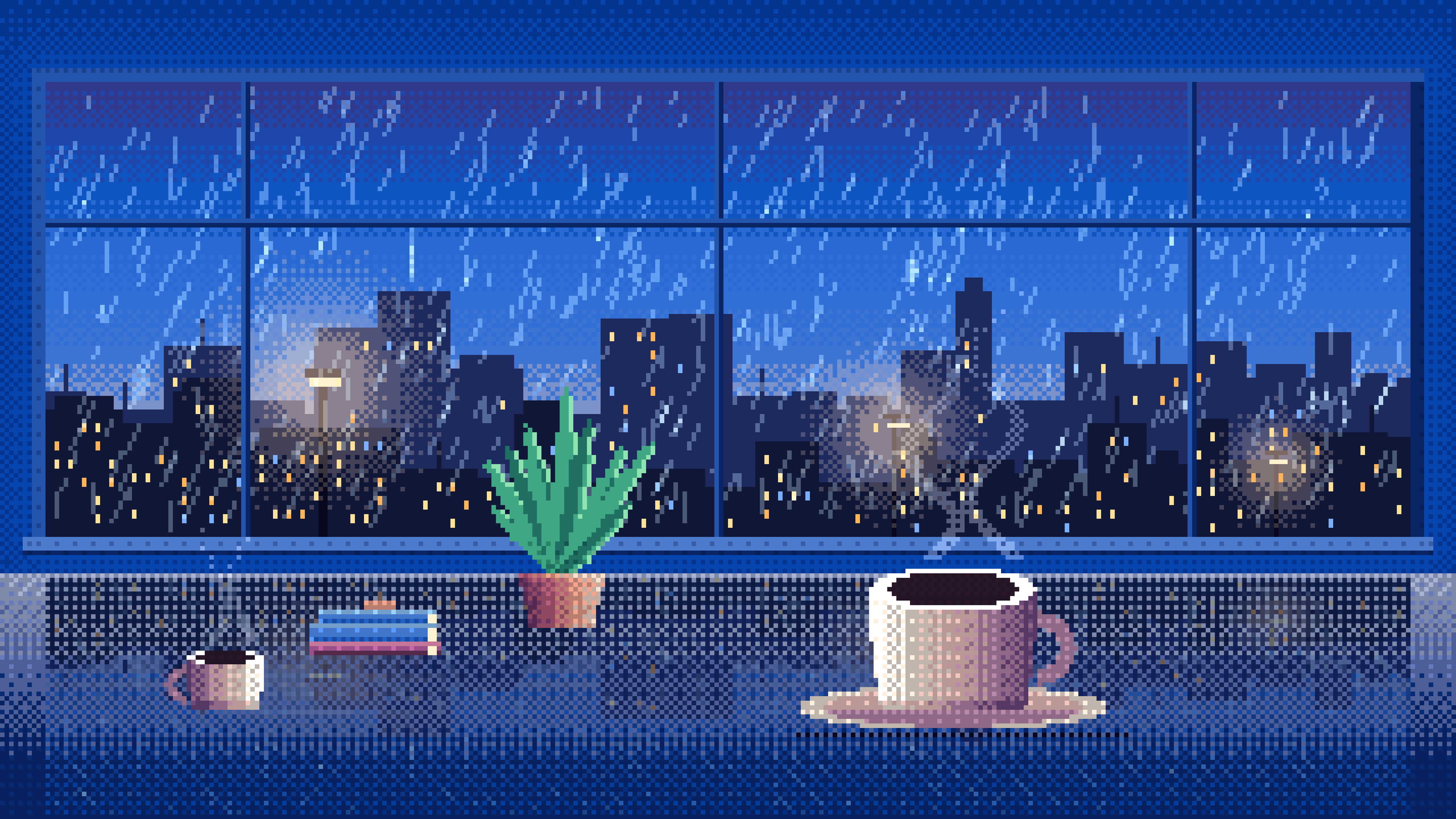 Blue Pixel Art Coffee by a Rainy Window desktop wallpaper in 4K