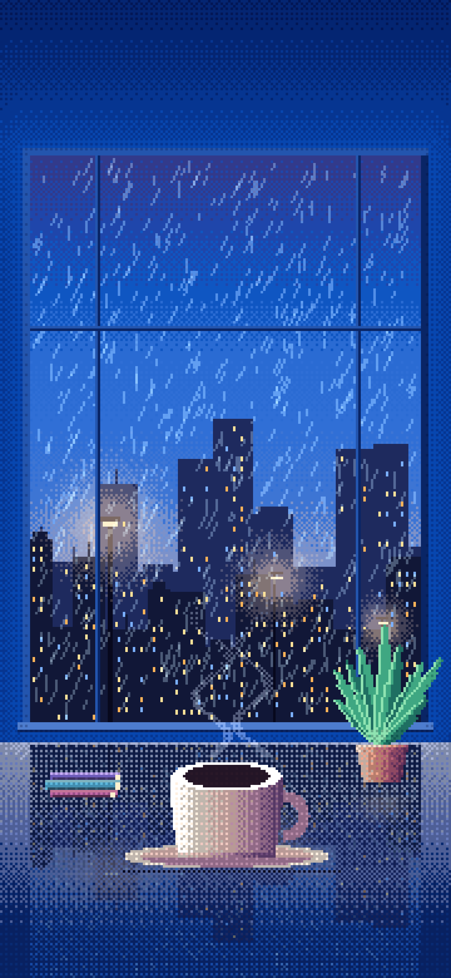 Blue Pixel Art Coffee by a Rainy Window wallpaper for iPhone and Android