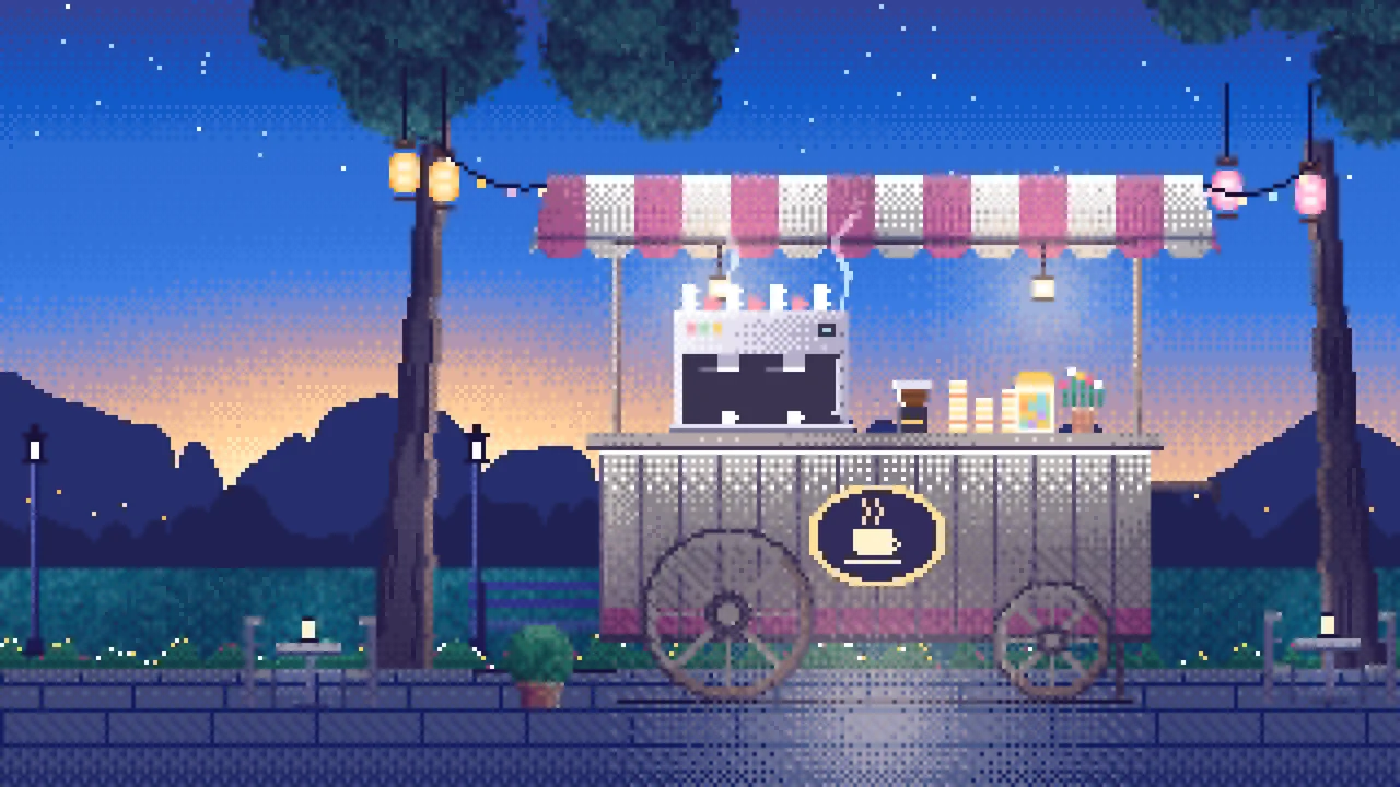 Blue Pixel Art Coffee Cart at Dusk desktop wallpaper in 4K