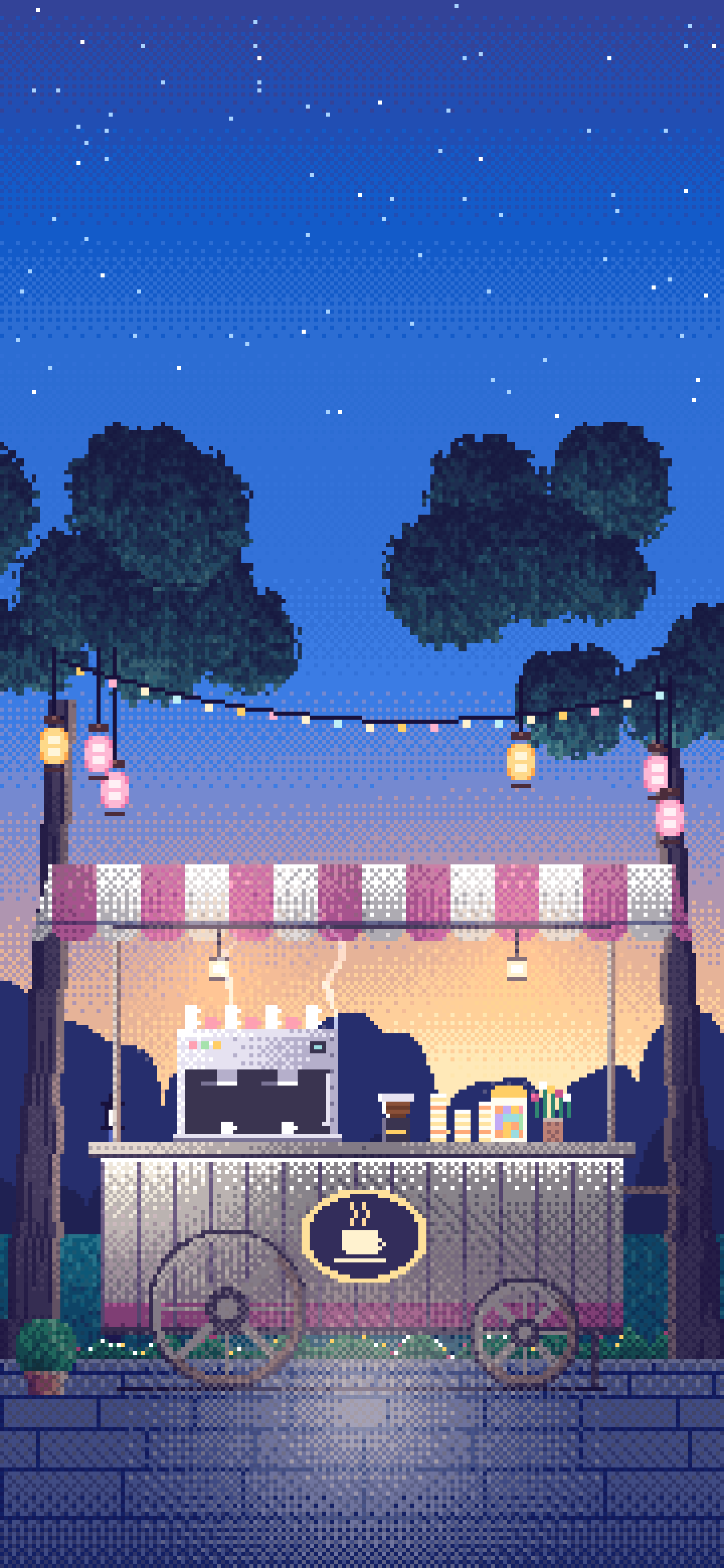Blue Pixel Art Coffee Cart at Dusk wallpaper for iPhone and Android