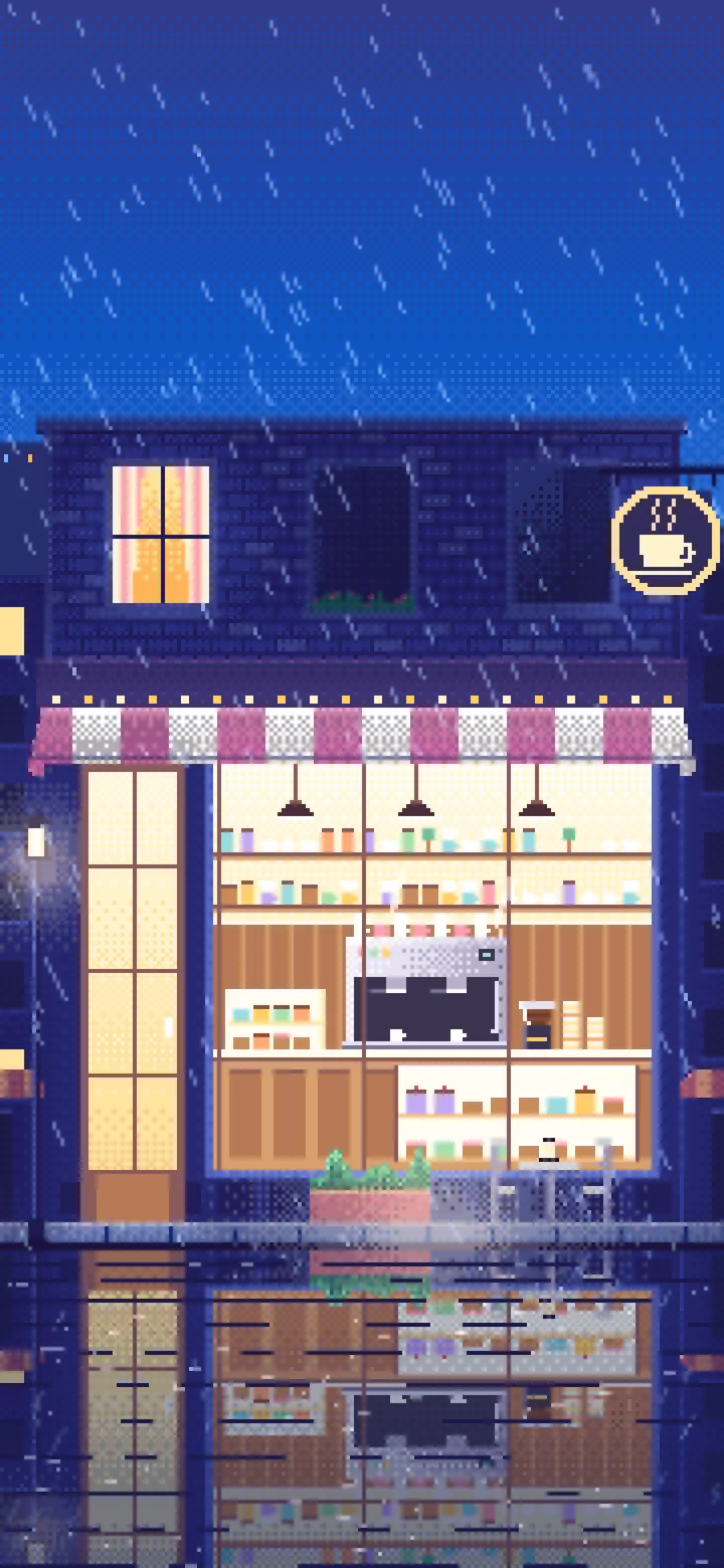 Blue Pixel Art Coffee Shop at Night in the Rain wallpaper for iPhone and Android