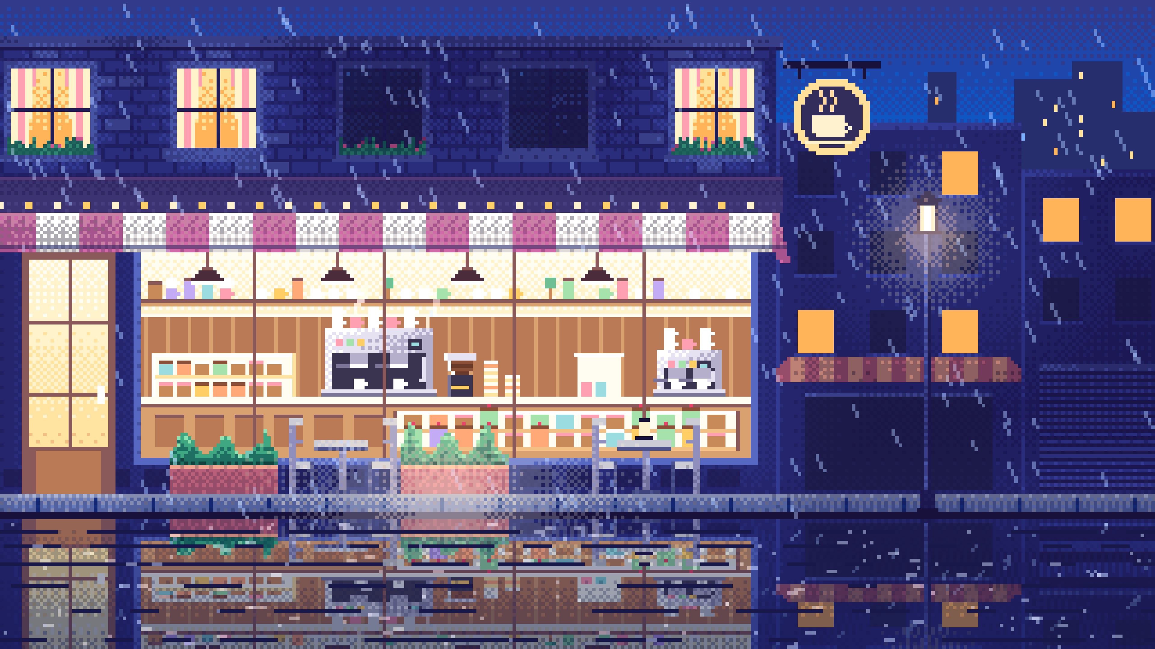 Blue Pixel Art Coffee Shop at Night in the Rain desktop wallpaper in 4K