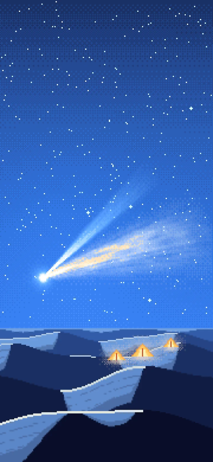 Blue Pixel Art Comet Over the Desert wallpaper for iPhone and Android