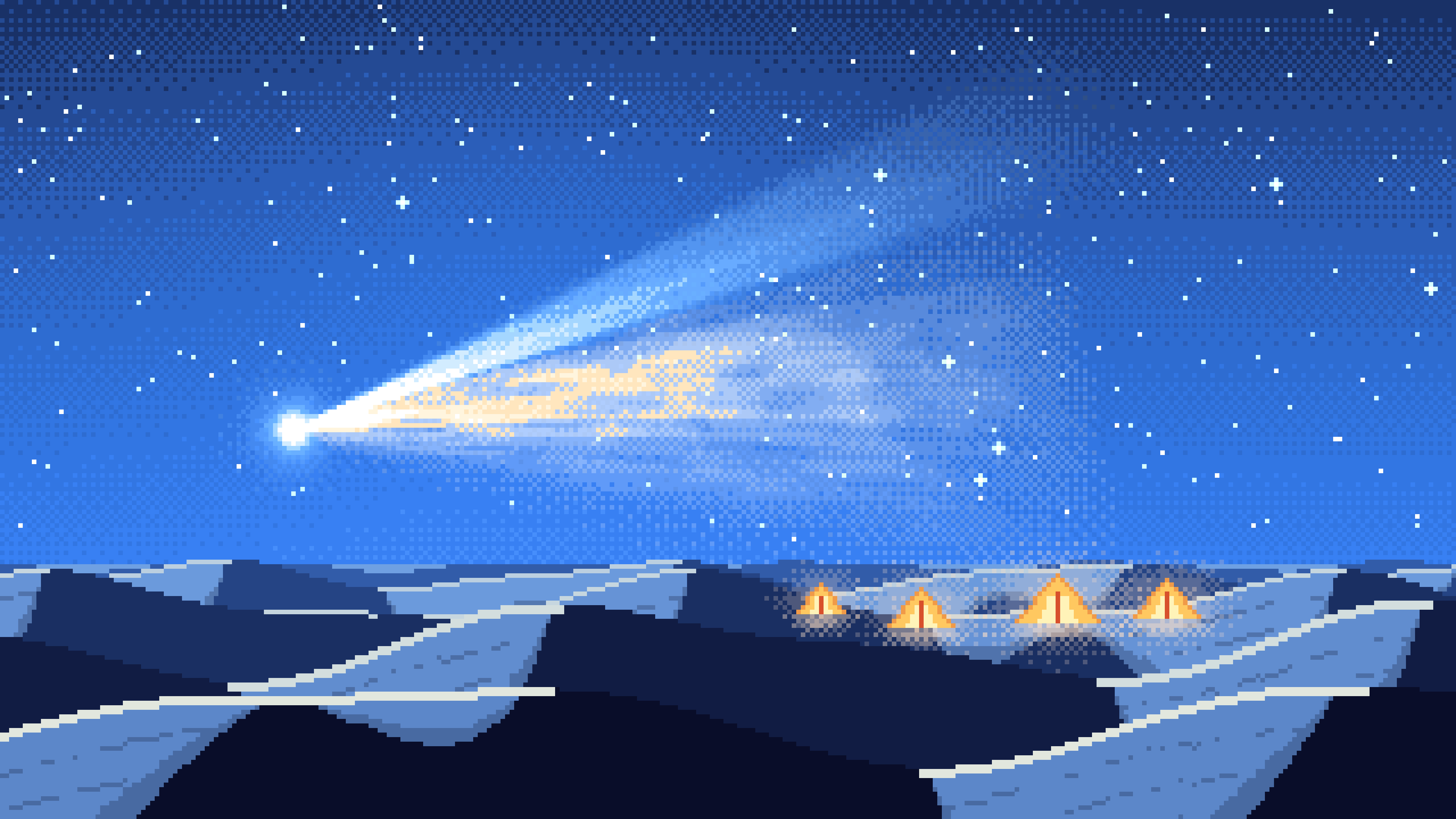 Blue Pixel Art Comet Over the Desert desktop wallpaper in 4K