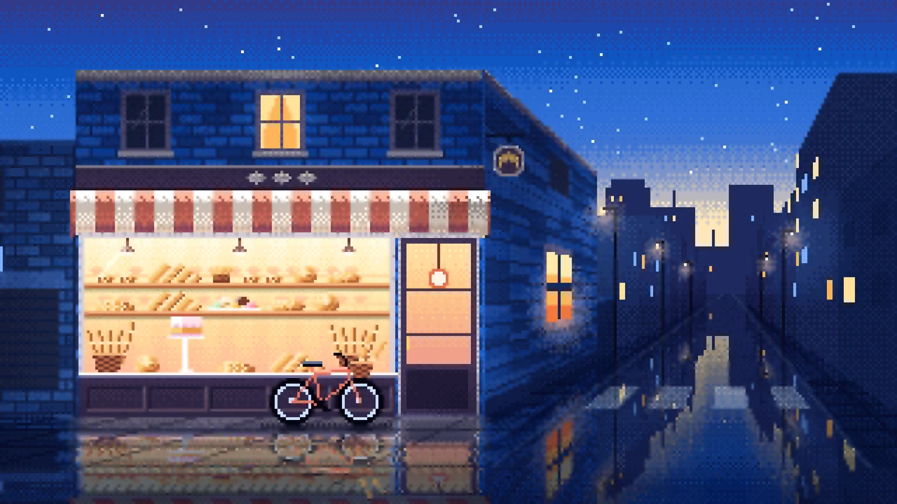 Blue Pixel Art Corner Bakery desktop wallpaper in 4K
