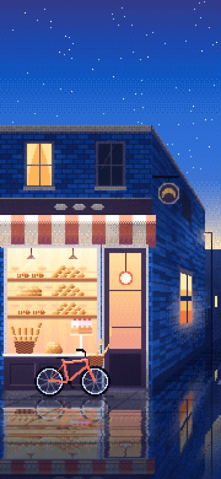 Blue Pixel Art Corner Bakery wallpaper for iPhone and Android