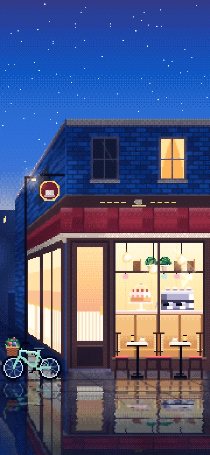 Blue Pixel Art Corner Cafe wallpaper for iPhone and Android