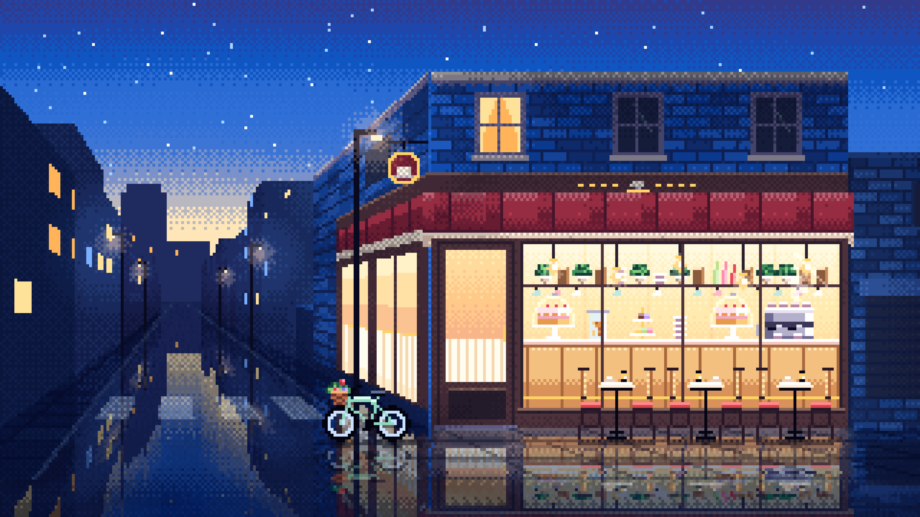 Blue Pixel Art Corner Cafe desktop wallpaper in 4K