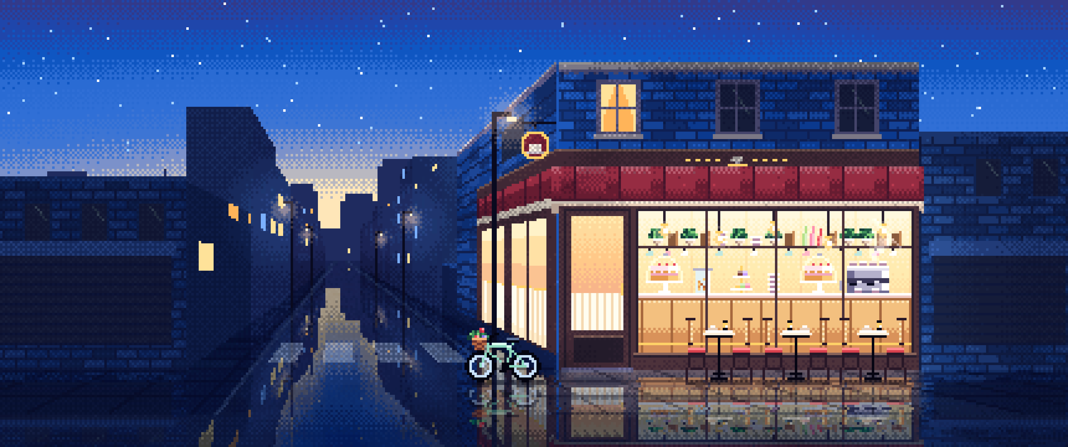 Blue Pixel Art Corner Cafe ultrawide wallpaper, 3440 × 1440