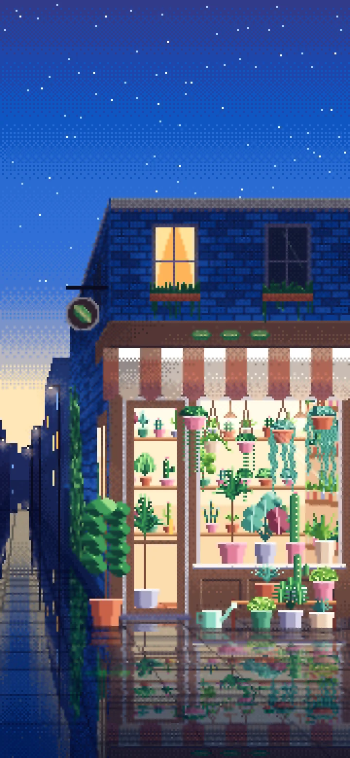 Blue Pixel Art Corner Plant Shop wallpaper for iPhone and Android