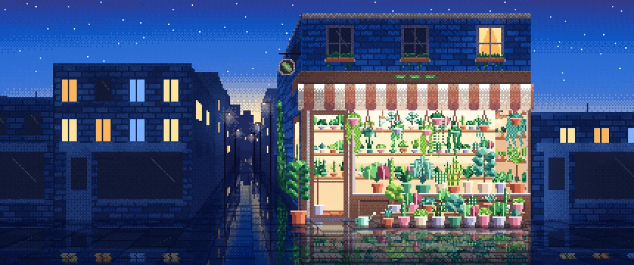 Blue Pixel Art Corner Plant Shop ultrawide wallpaper, 3440 × 1440