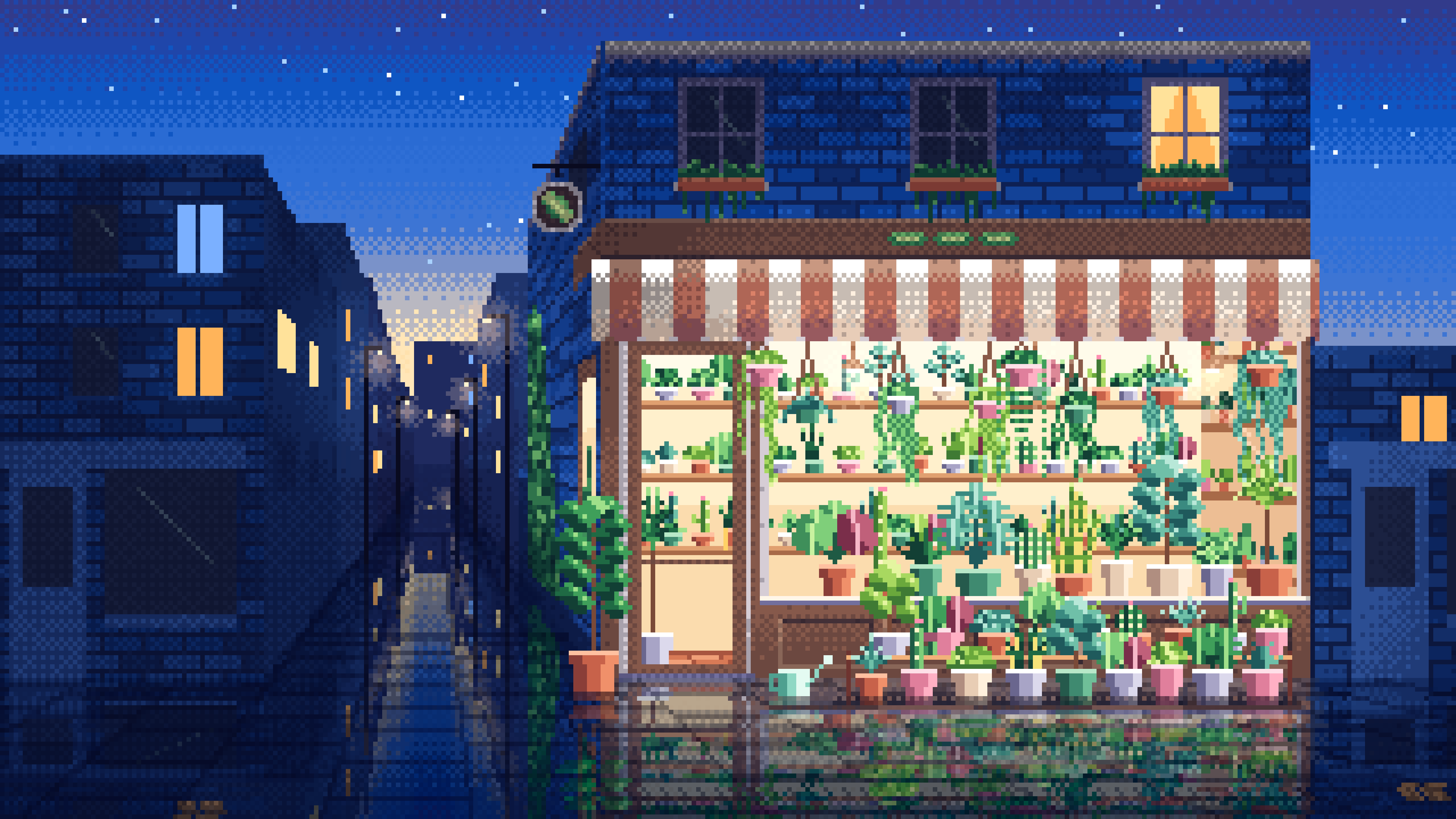 Blue Pixel Art Corner Plant Shop desktop wallpaper in 4K