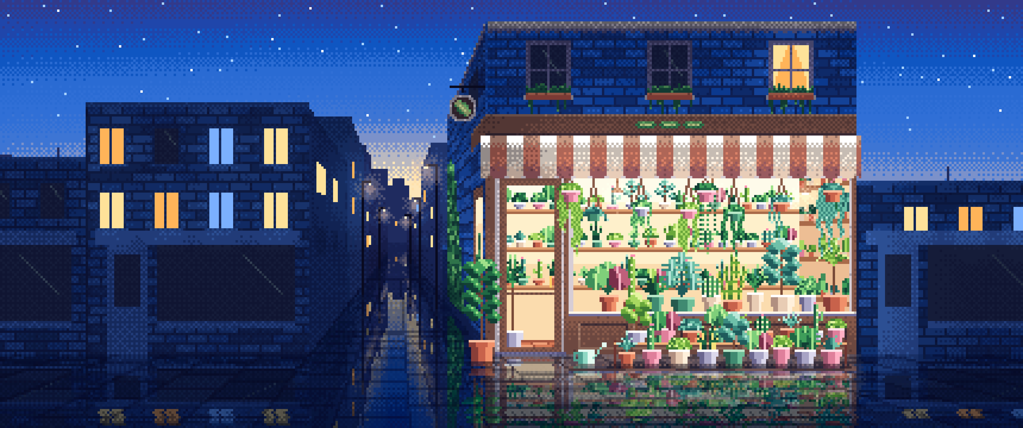 Blue Pixel Art Corner Plant Shop ultrawide wallpaper, 3440 × 1440