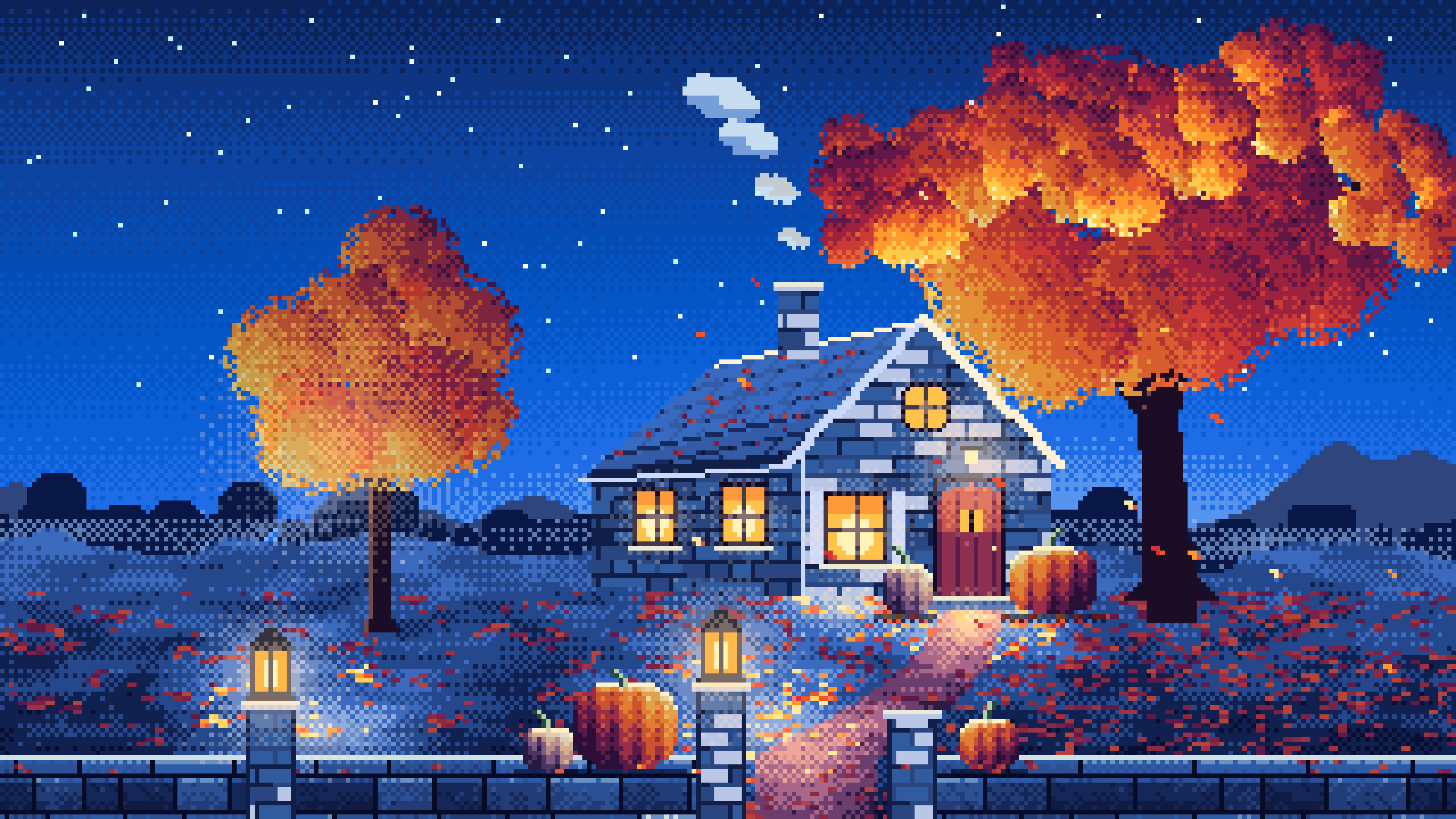 Blue Pixel Art Cozy Fall Cottage at Night desktop wallpaper in 4K