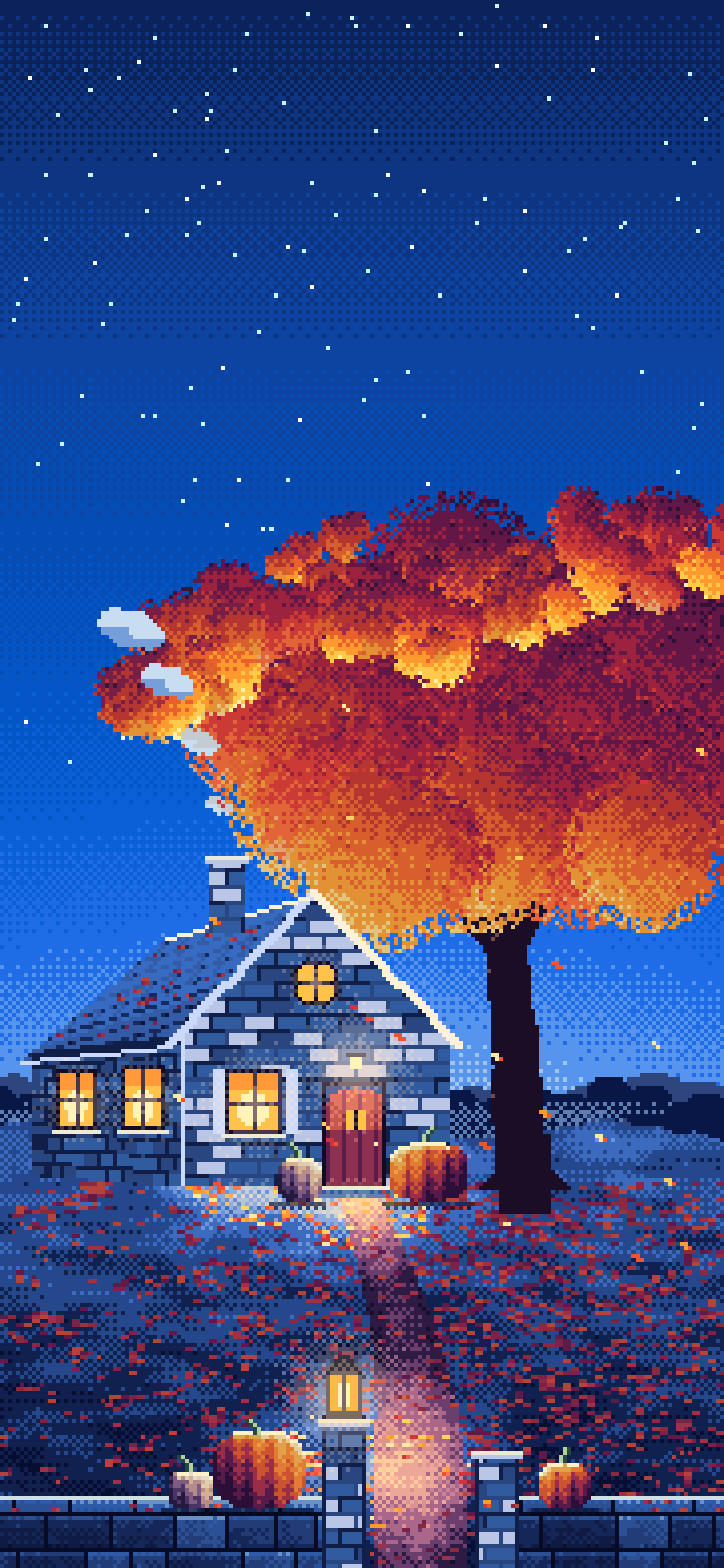 Blue Pixel Art Cozy Fall Cottage at Night wallpaper for iPhone and Android
