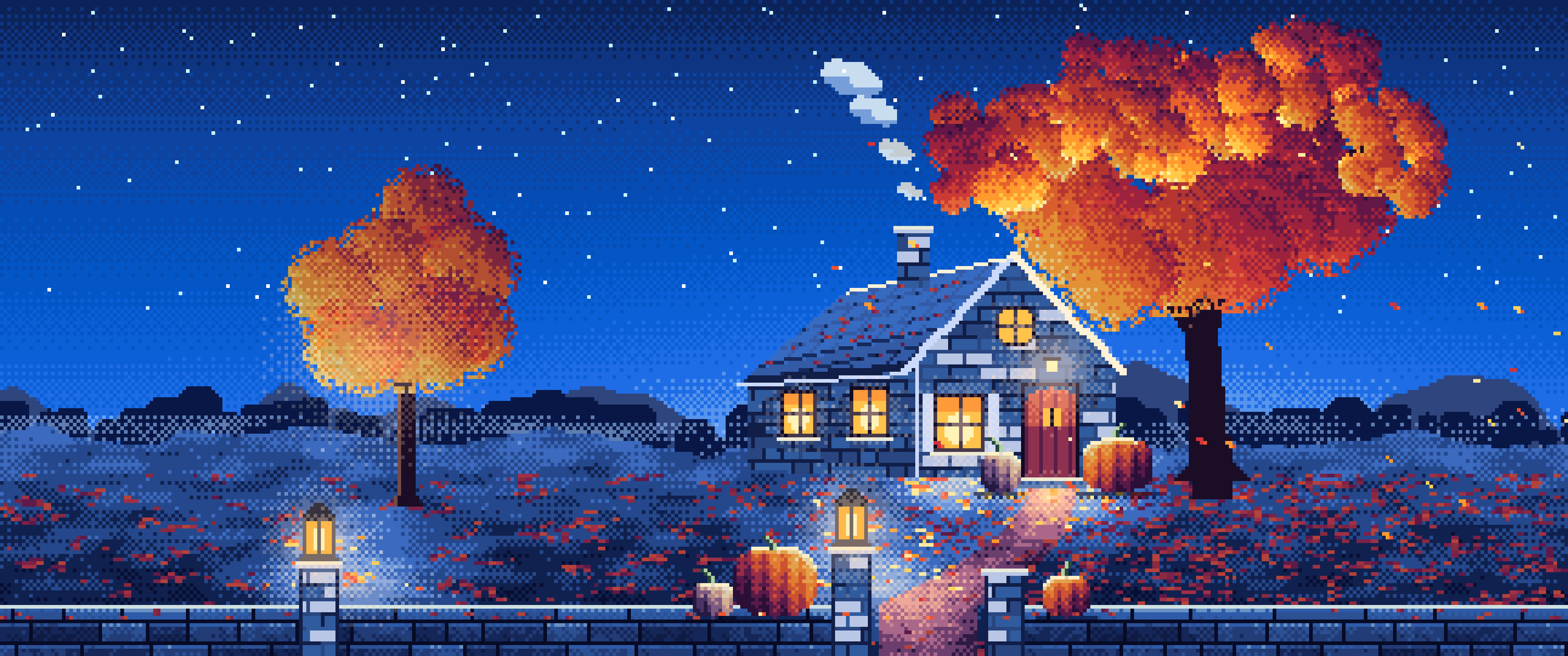 Blue Pixel Art Cozy Fall Cottage at Night ultrawide wallpaper, 3440 × 1440