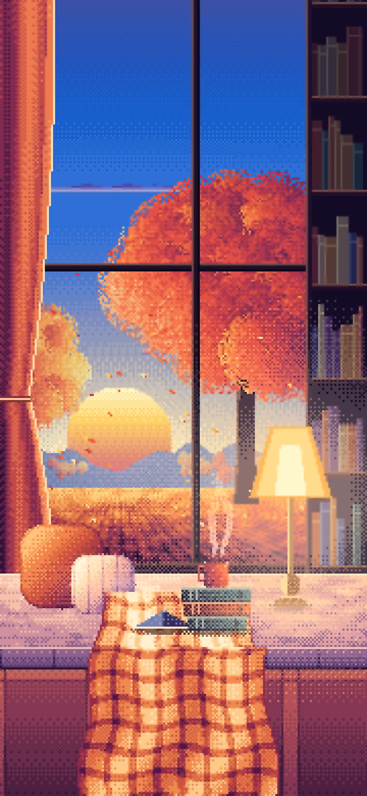 Blue Pixel Art Cozy Fall Reading Nook at Sunset wallpaper for iPhone and Android