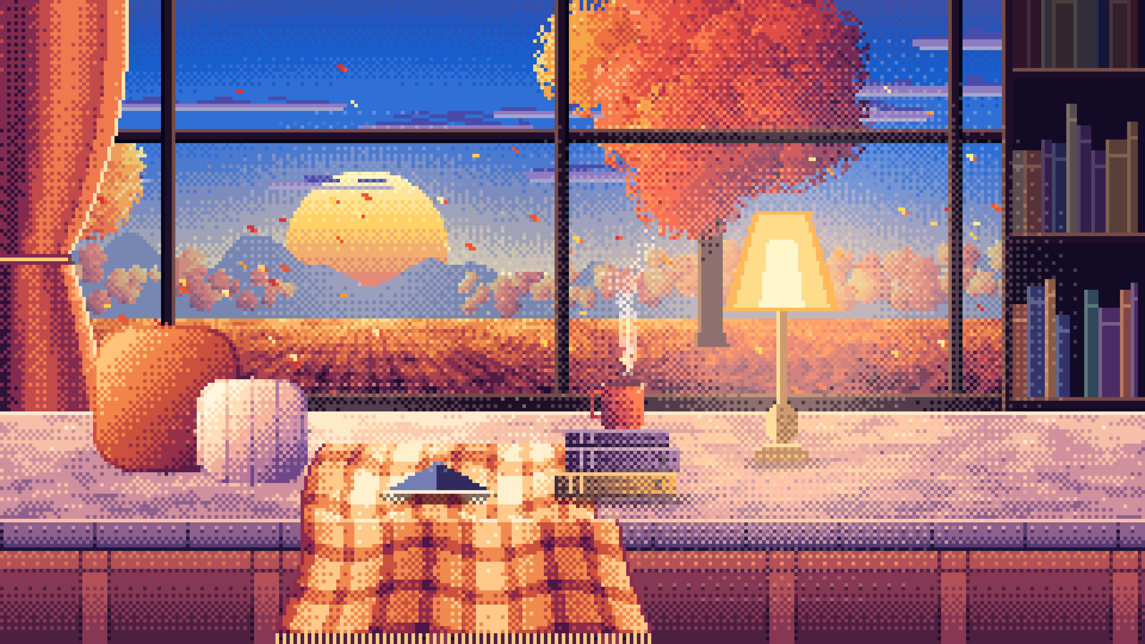 Blue Pixel Art Cozy Fall Reading Nook at Sunset desktop wallpaper in 4K