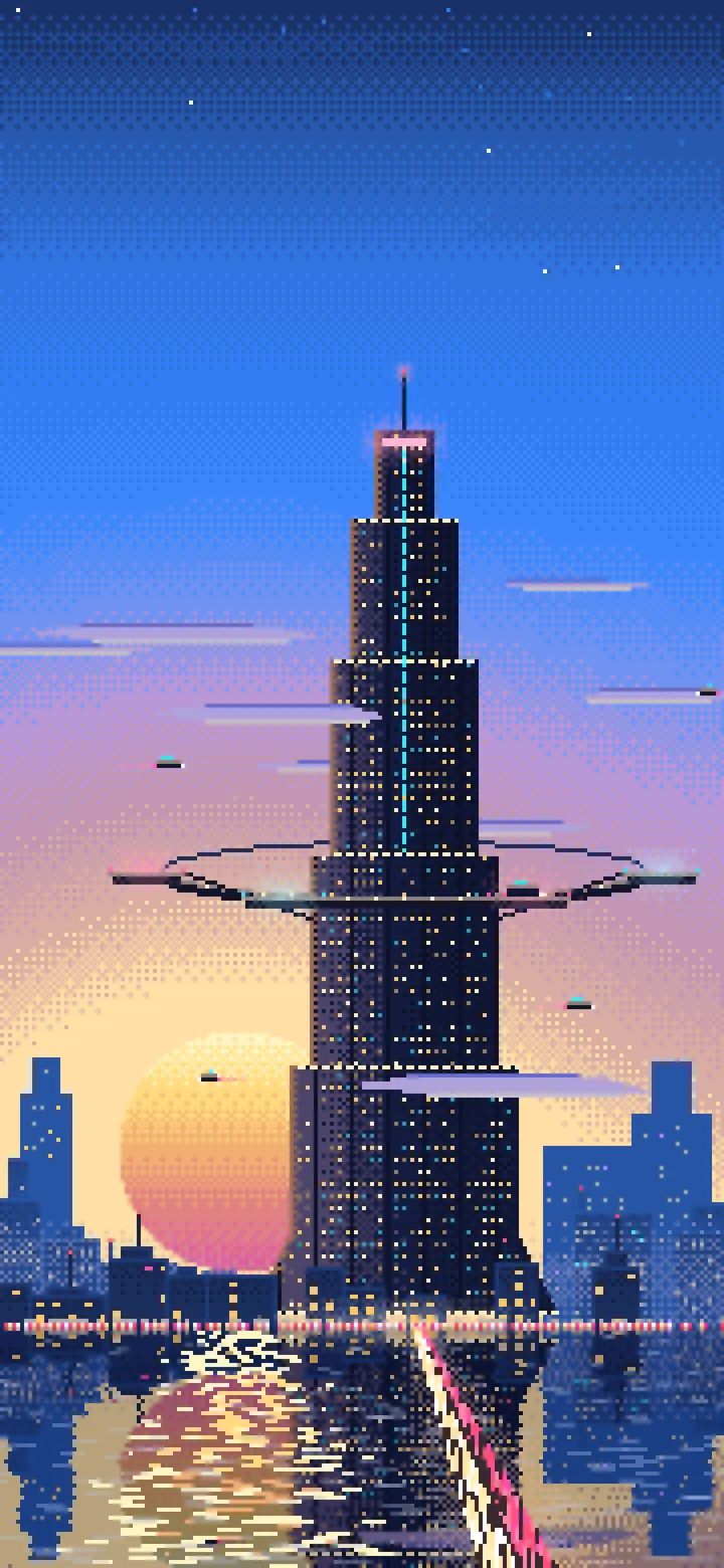 Blue Pixel Art Cyberpunk Megatower at Dusk wallpaper for iPhone and Android