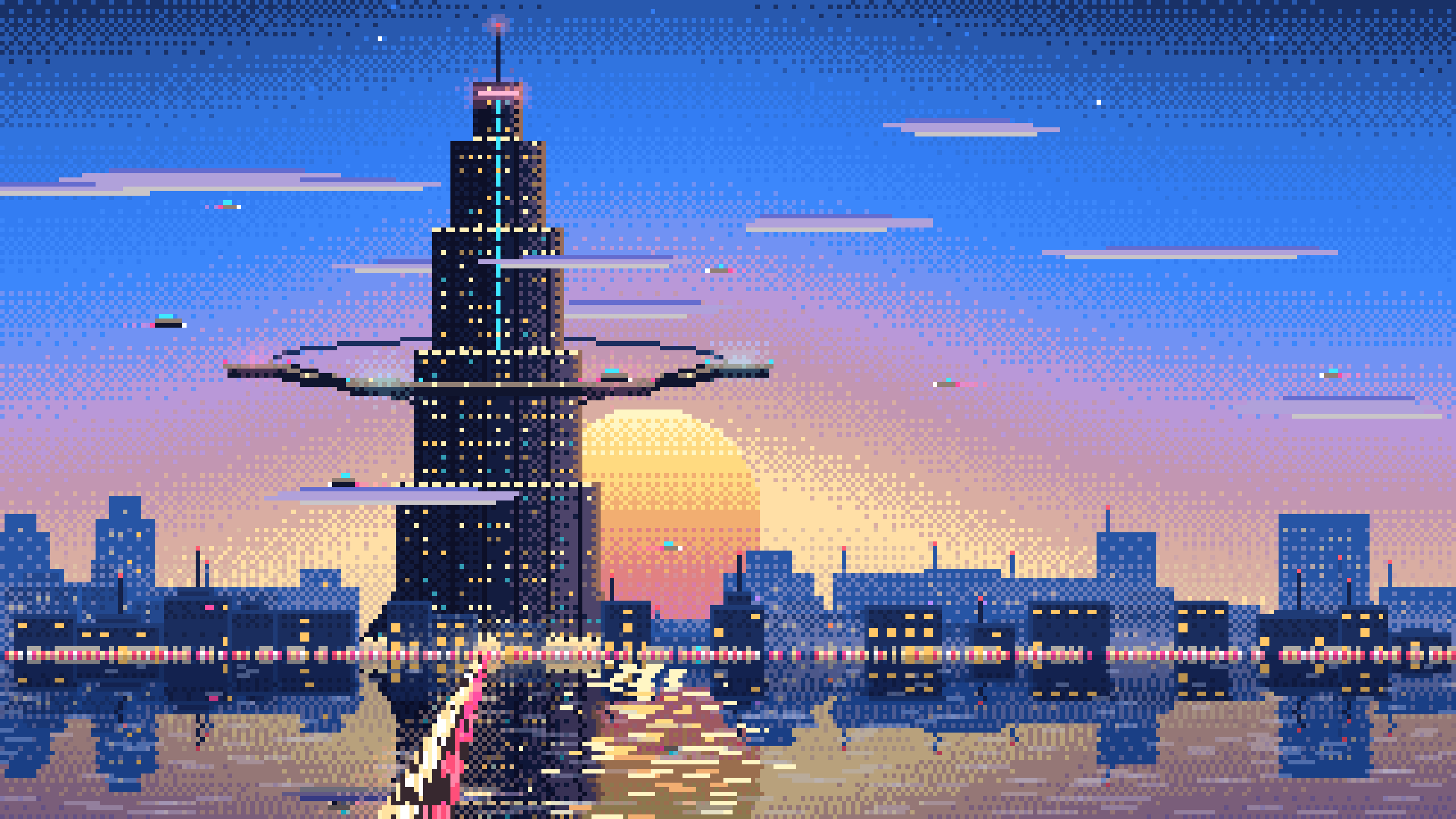 Blue Pixel Art Cyberpunk Megatower at Dusk desktop wallpaper in 4K
