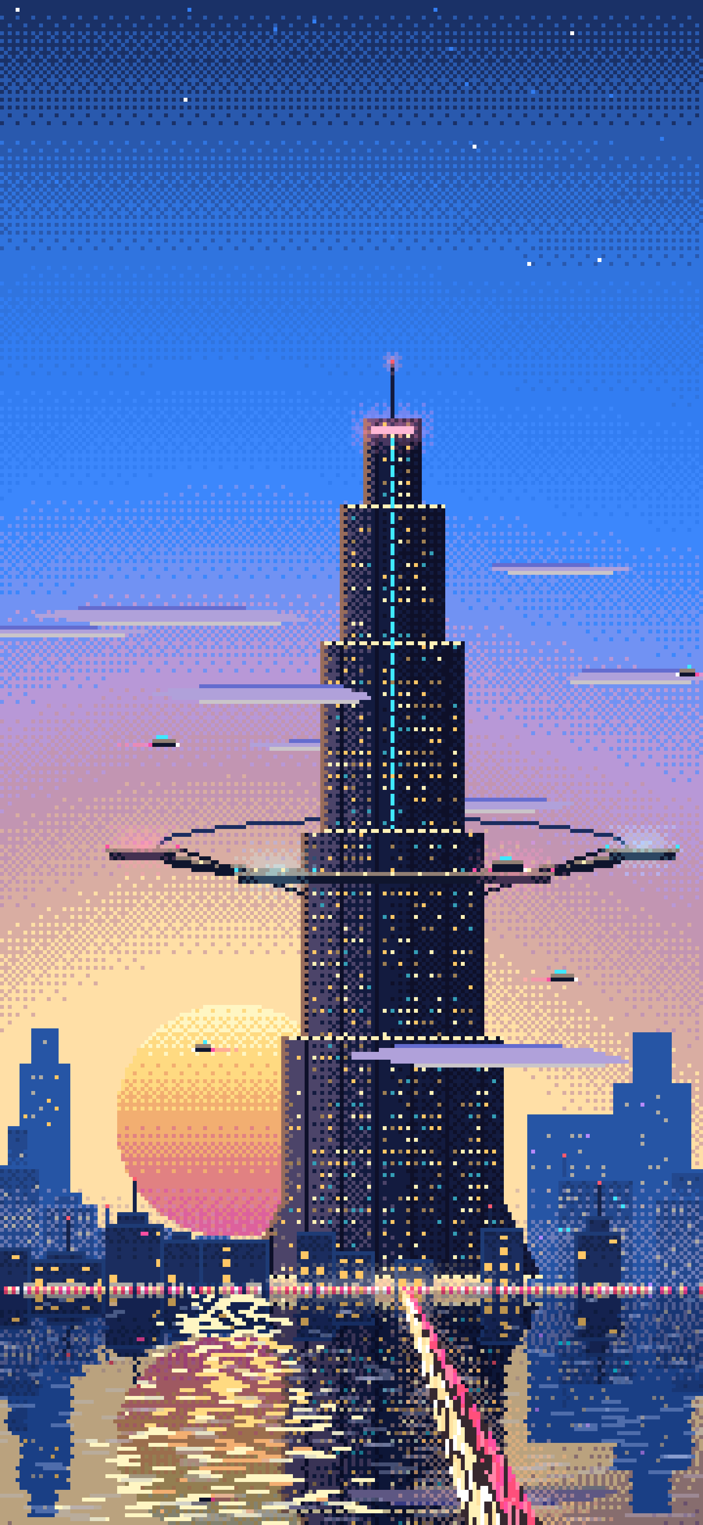 Blue Pixel Art Cyberpunk Megatower at Dusk wallpaper for iPhone and Android