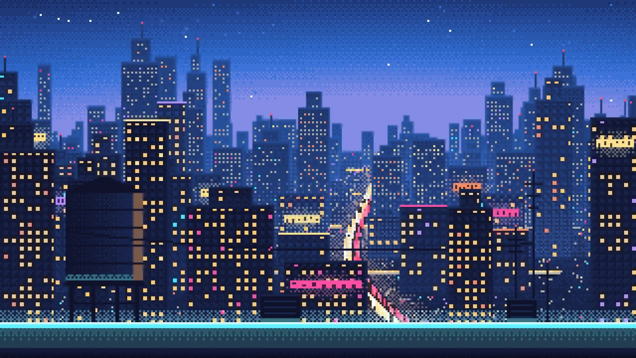 Blue Pixel Art Cyberpunk Rooftop City View desktop wallpaper in 4K