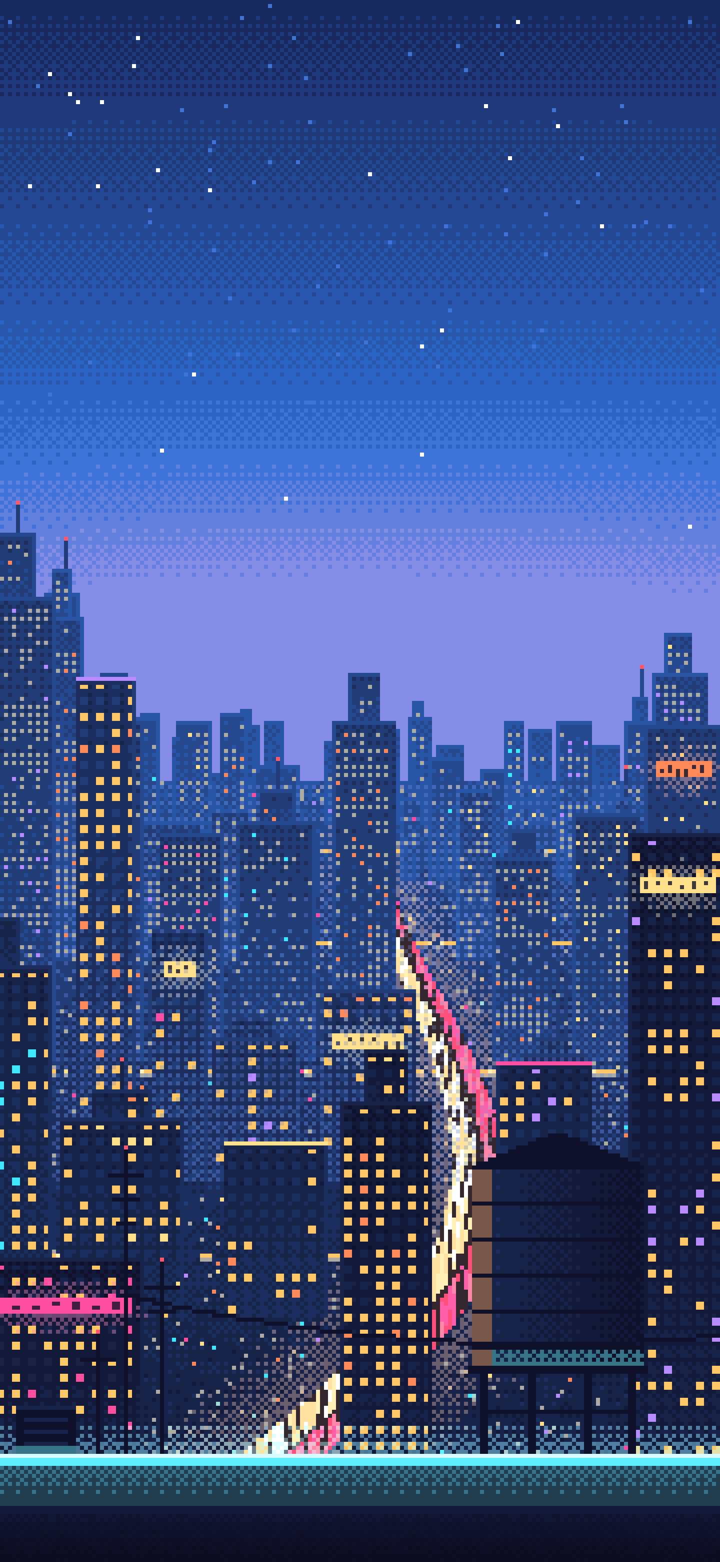 Blue Pixel Art Cyberpunk Rooftop City View wallpaper for iPhone and Android