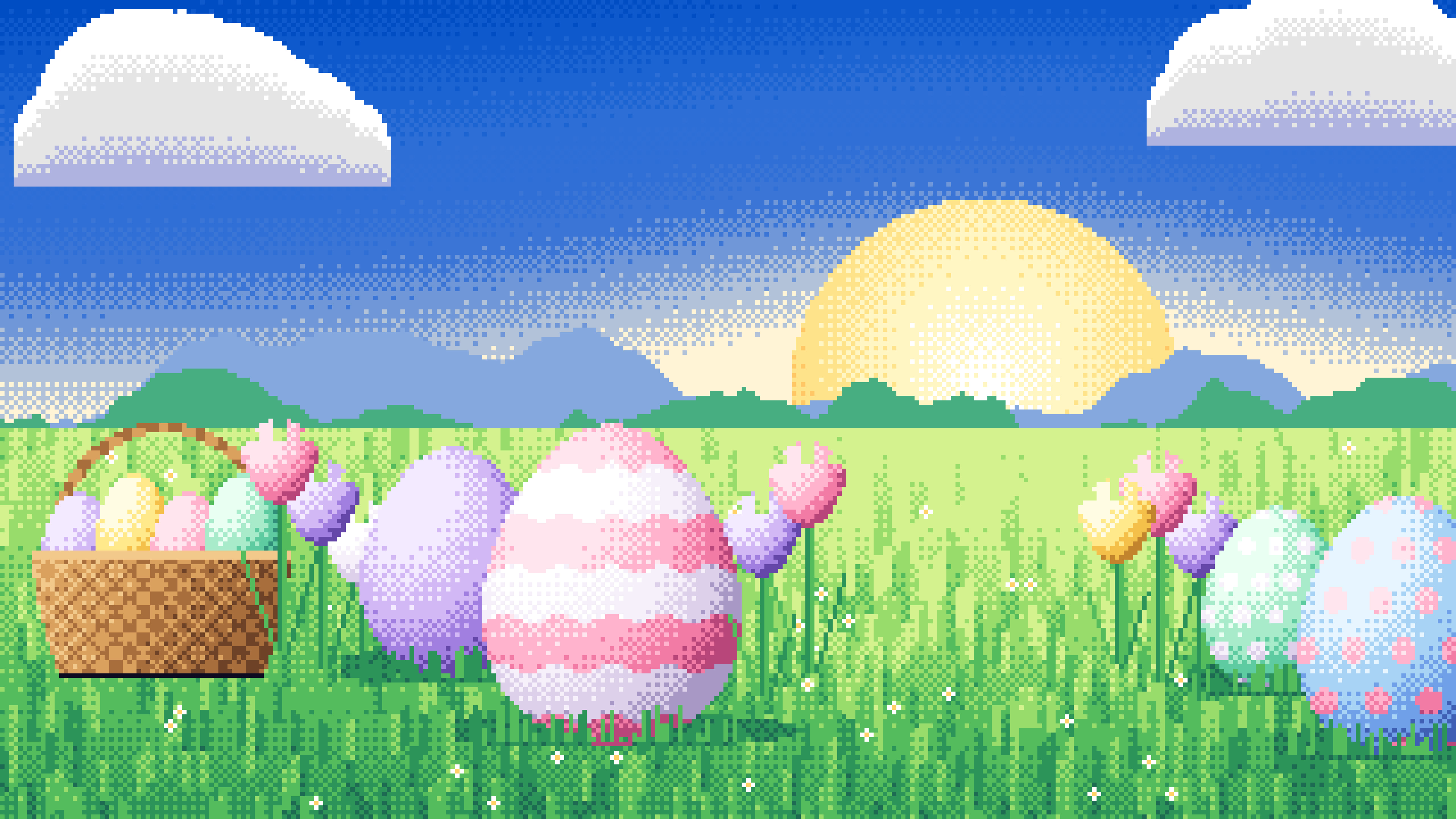 Blue Pixel Art Easter Eggs desktop wallpaper in 4K