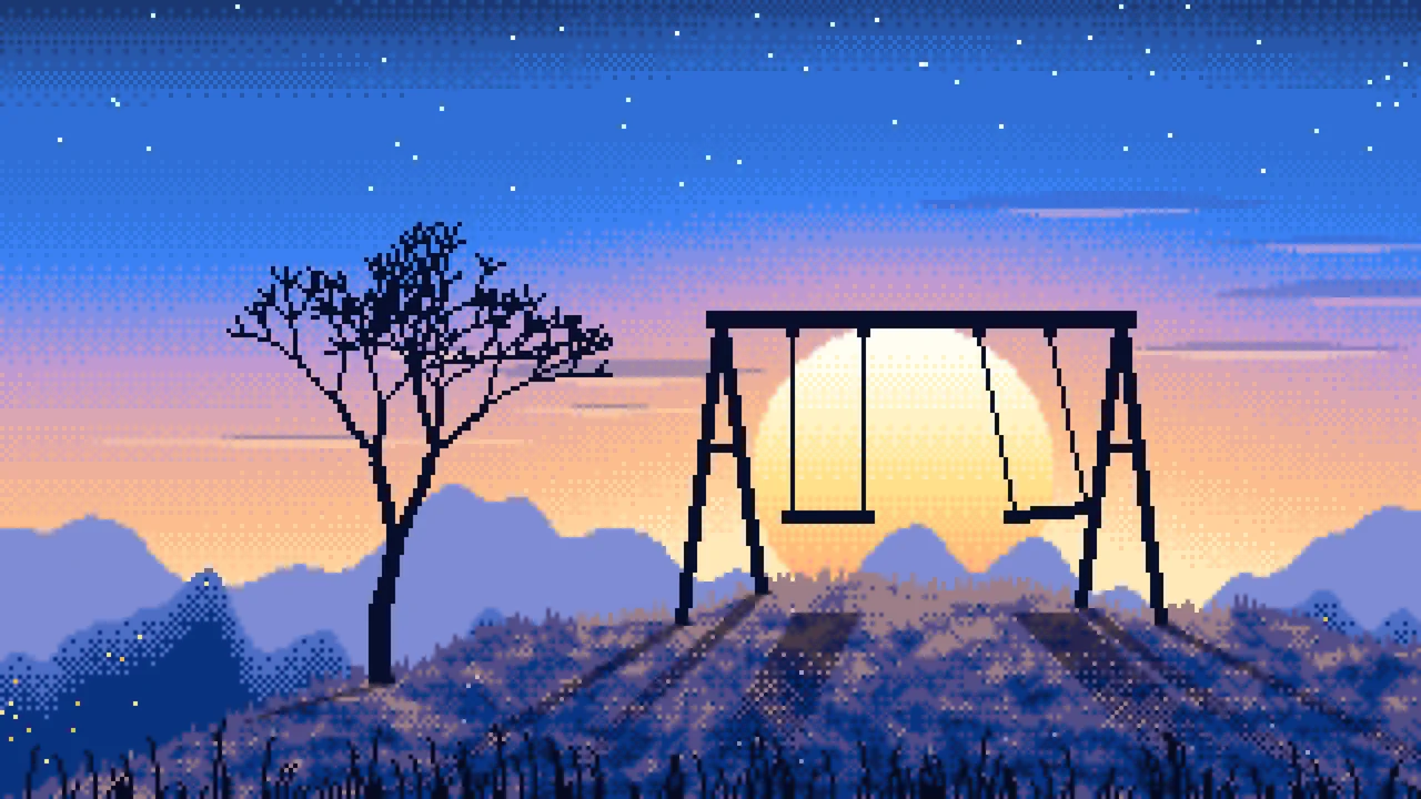 Blue Pixel Art Empty Swing at Dusk desktop wallpaper in 4K